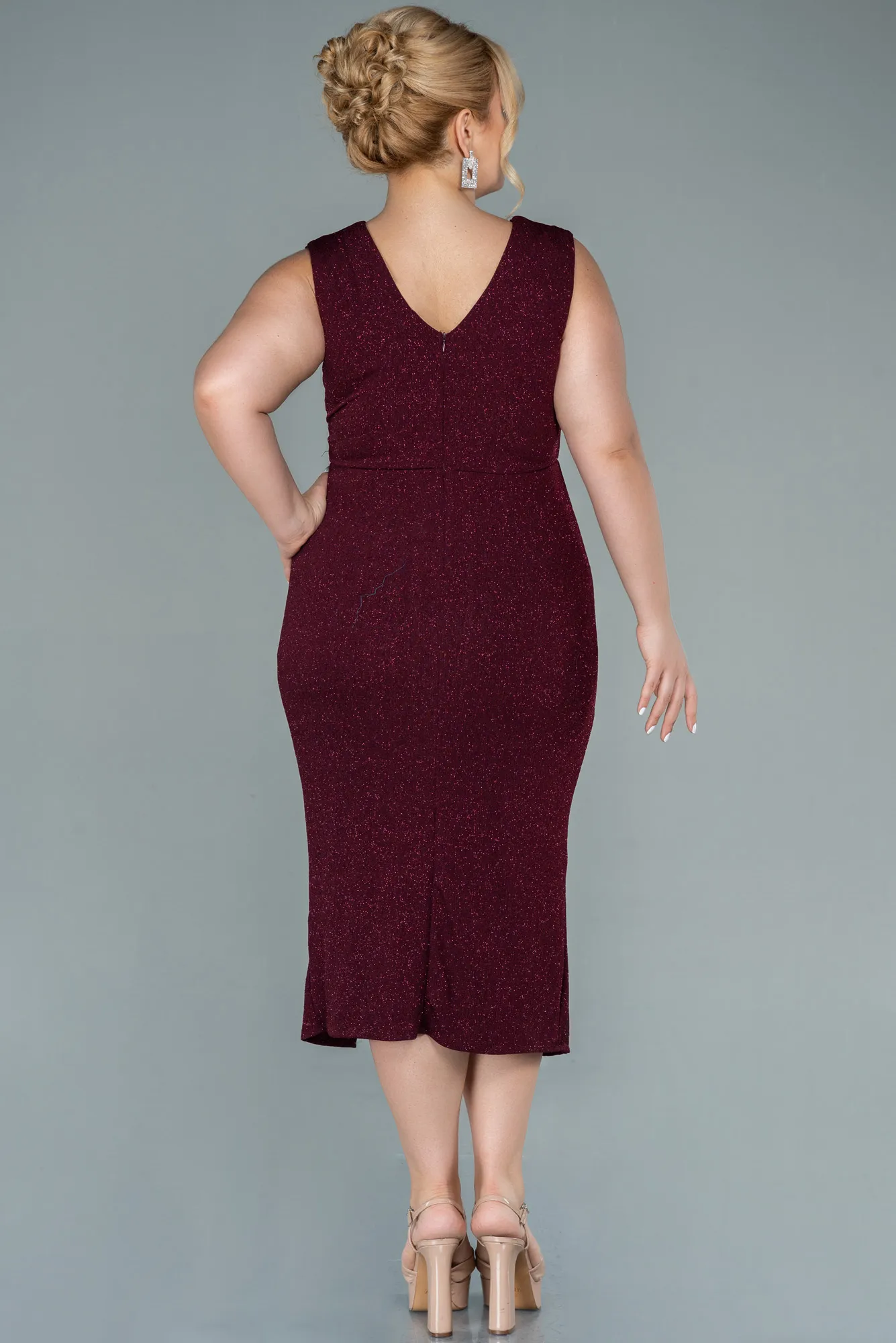 Burgundy-Midi Plus Size Evening Dress ABK1492