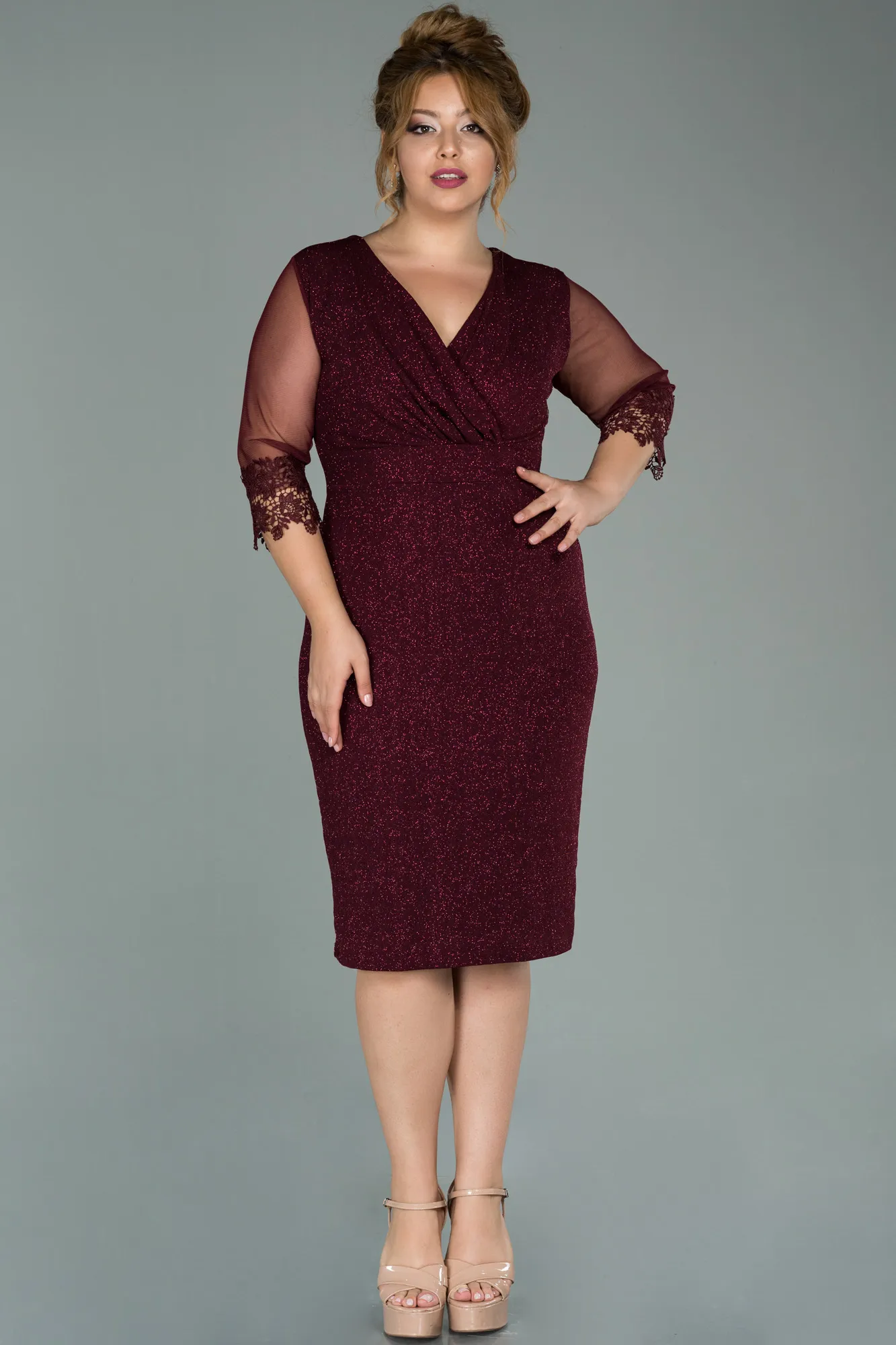 Burgundy-Midi Plus Size Evening Dress ABK1653