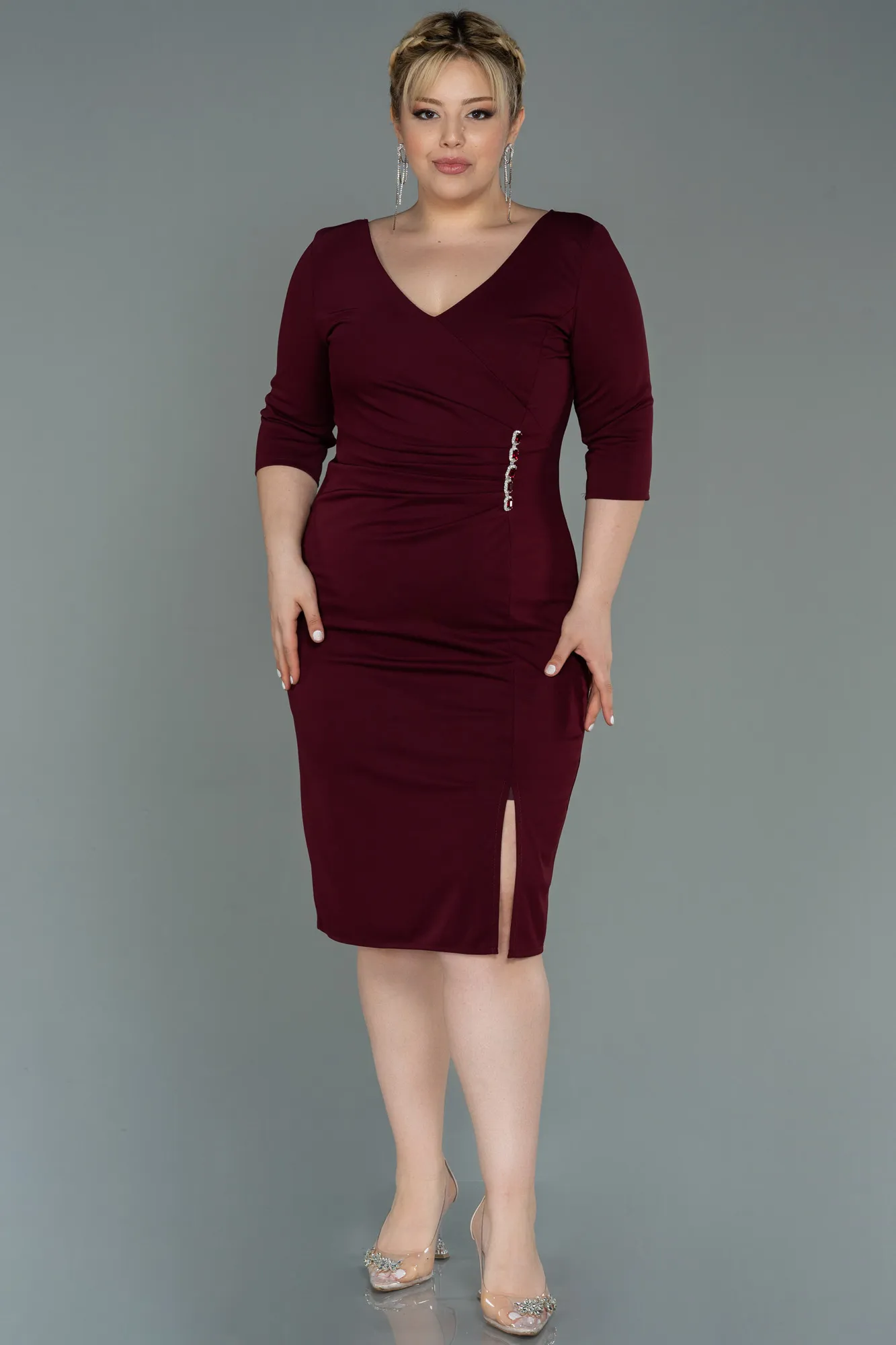 Burgundy-Midi Plus Size Evening Dress ABK1725