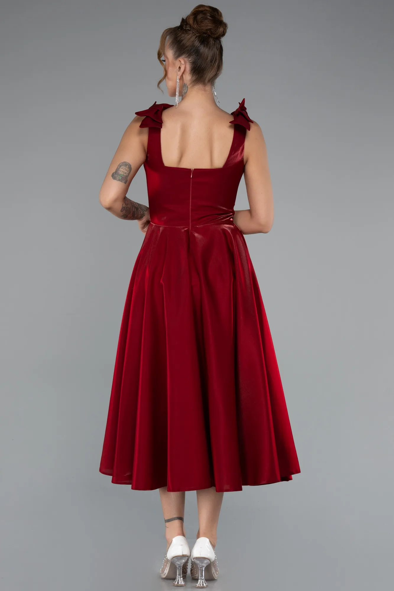 Burgundy-Midi Satin Cocktail Dress ABK2388