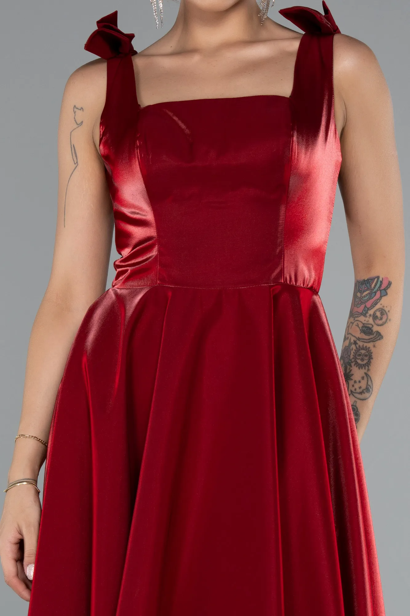 Burgundy-Midi Satin Cocktail Dress ABK2388