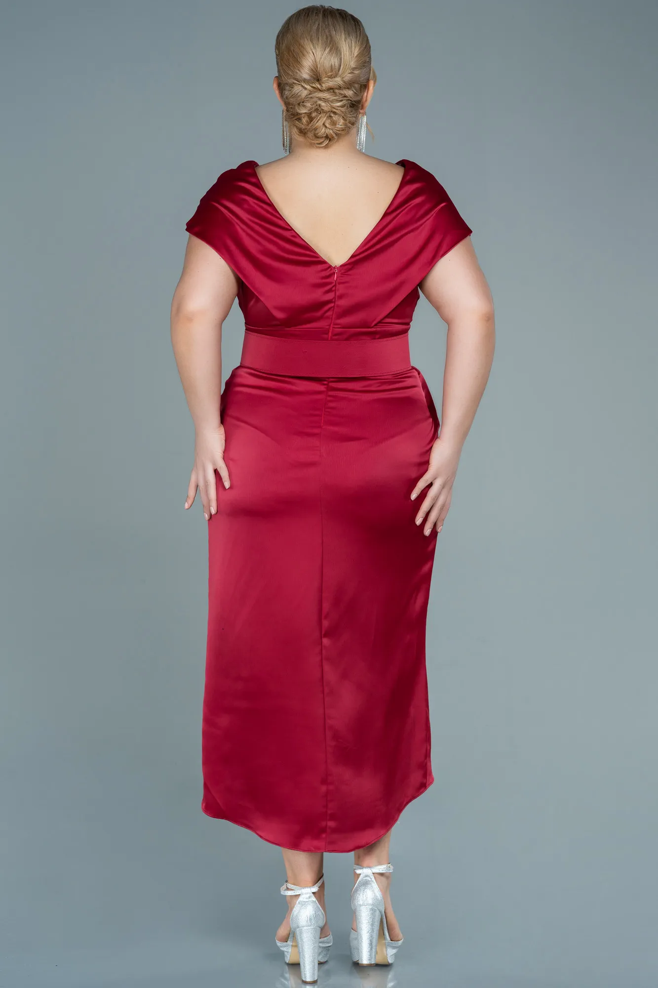 Burgundy-Midi Satin Plus Size Evening Dress ABK1499