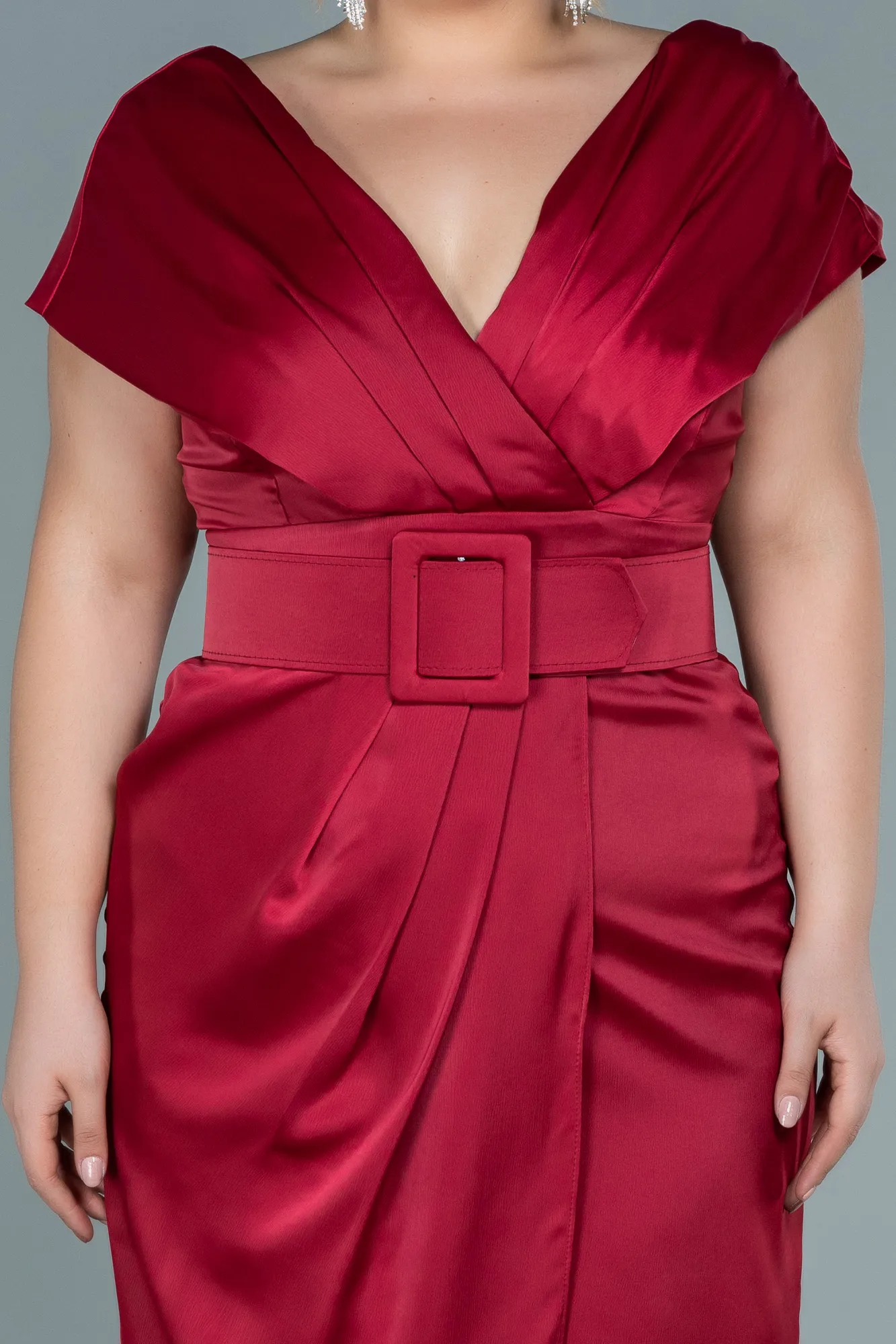 Burgundy-Midi Satin Plus Size Evening Dress ABK1499