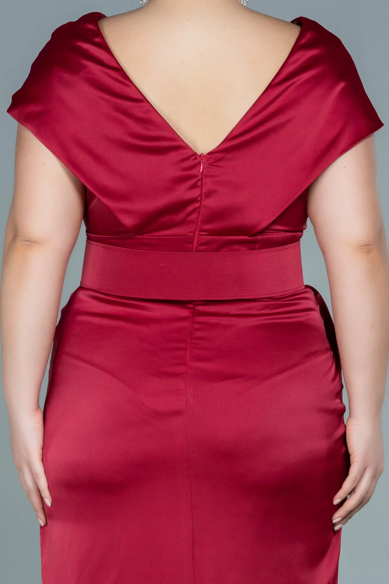 Burgundy-Midi Satin Plus Size Evening Dress ABK1499