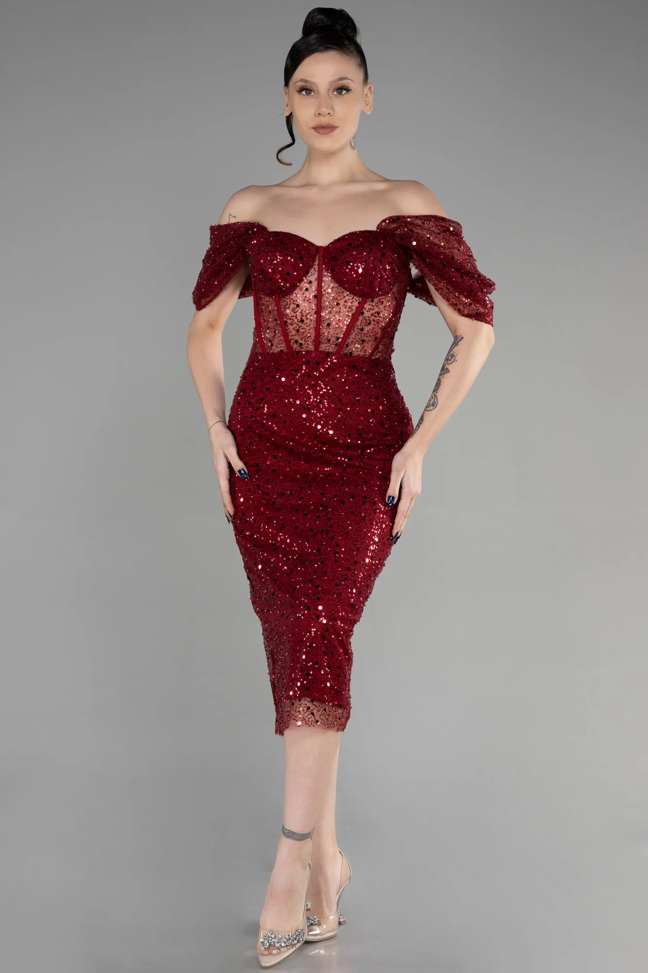 Burgundy-Midi Scaly Party Dress ABK1939