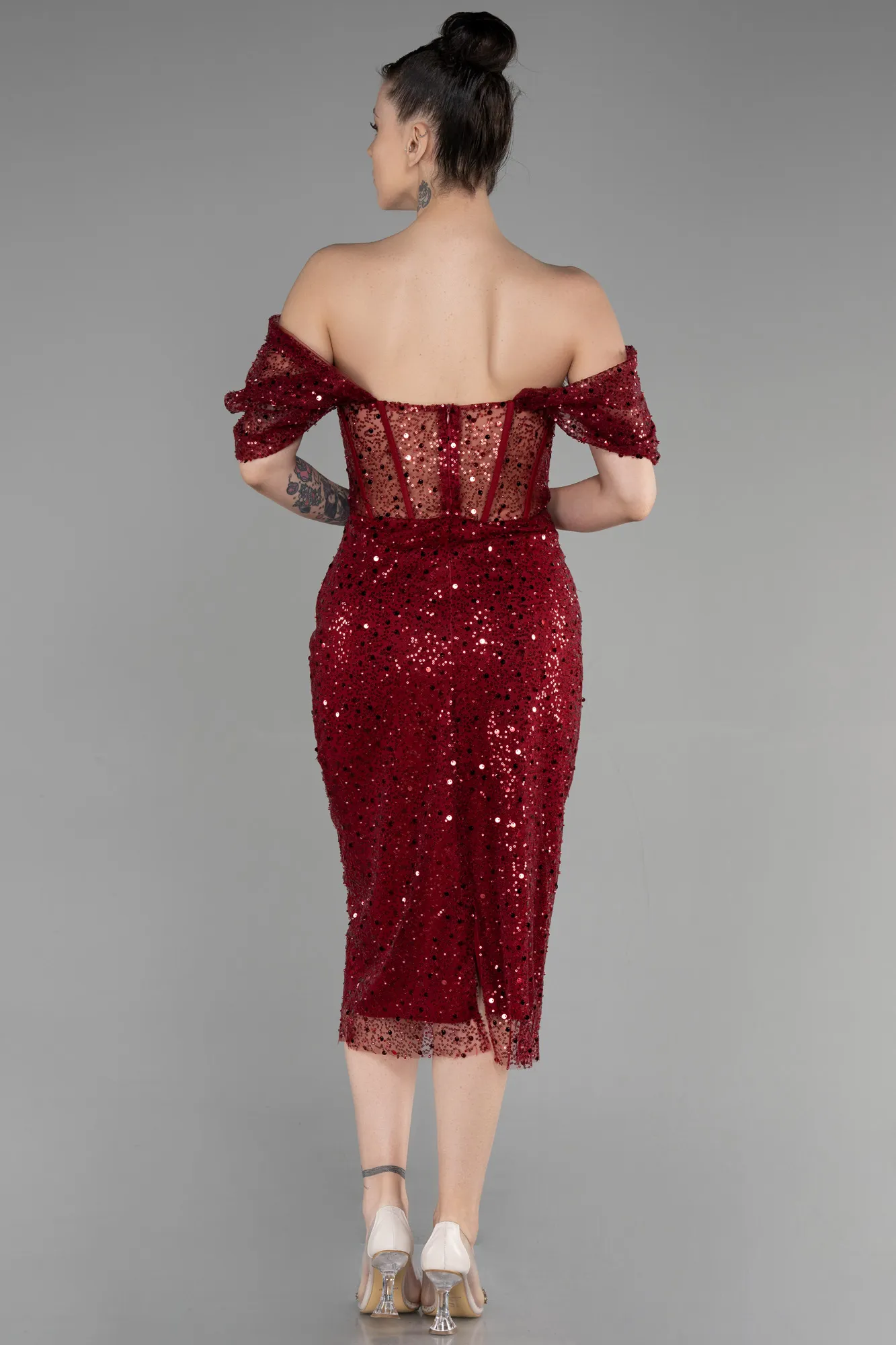 Burgundy-Midi Scaly Party Dress ABK1939