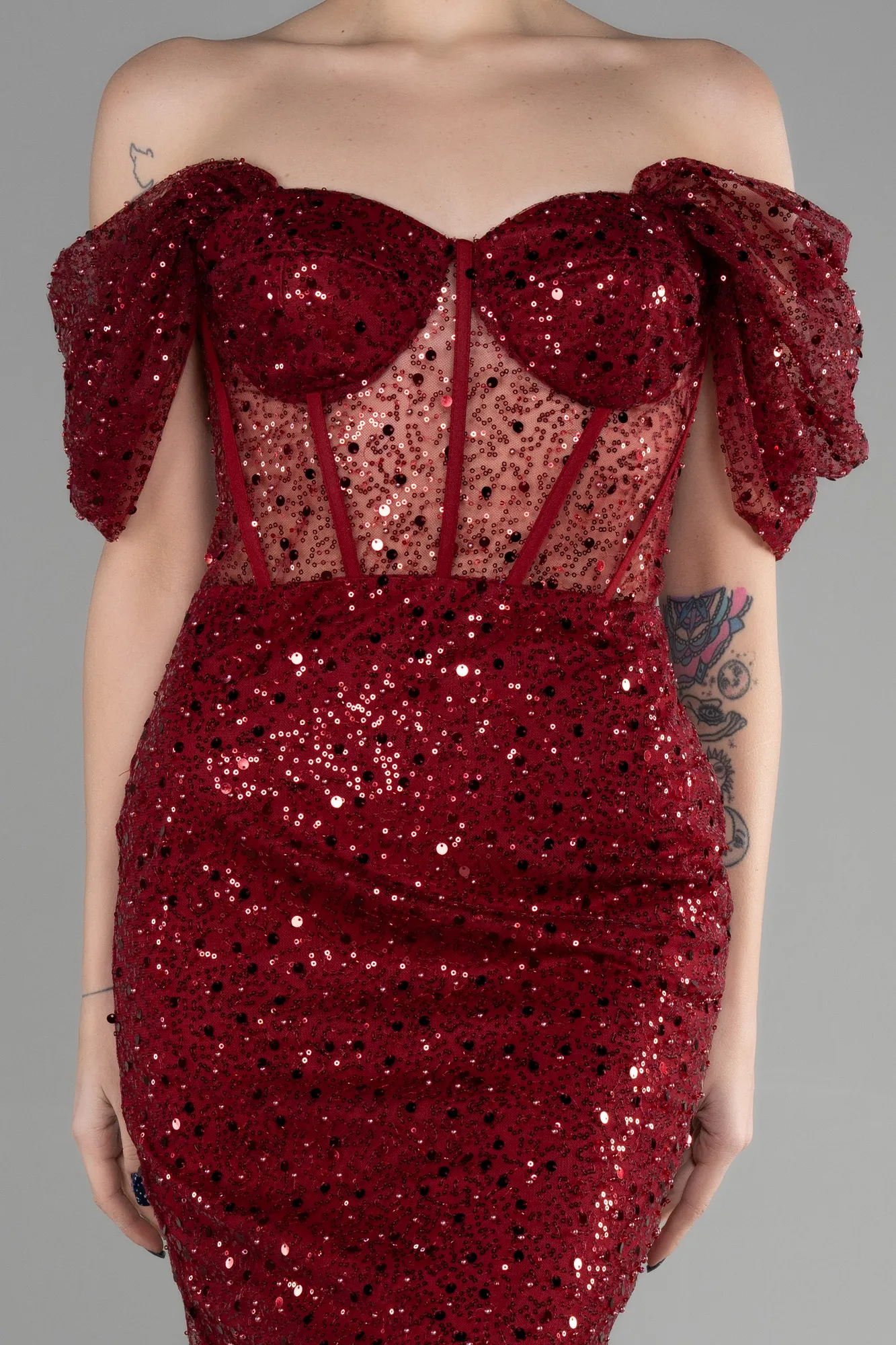 Burgundy-Midi Scaly Party Dress ABK1939