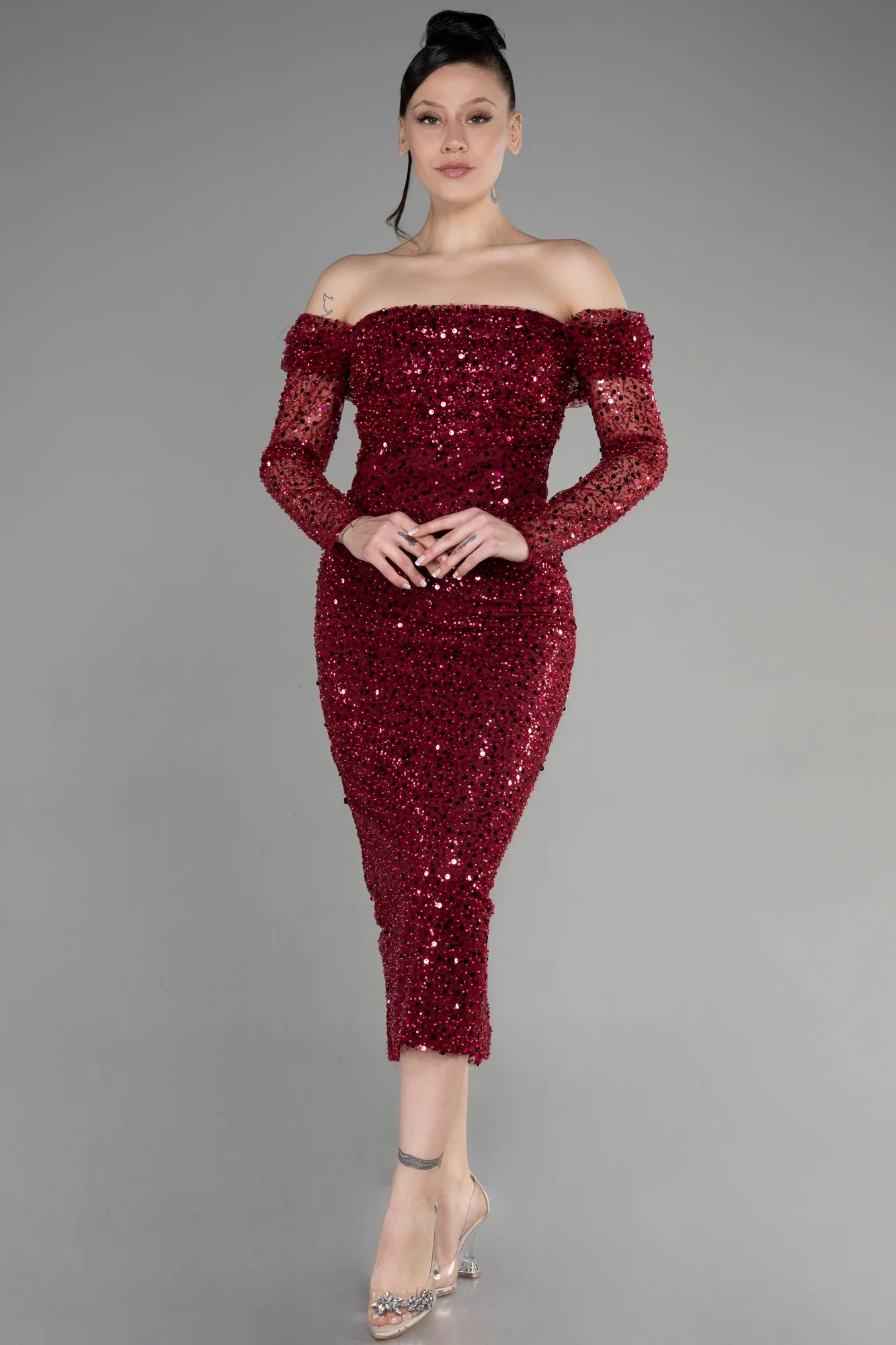 Burgundy-Midi Scaly Party Dress ABK1977