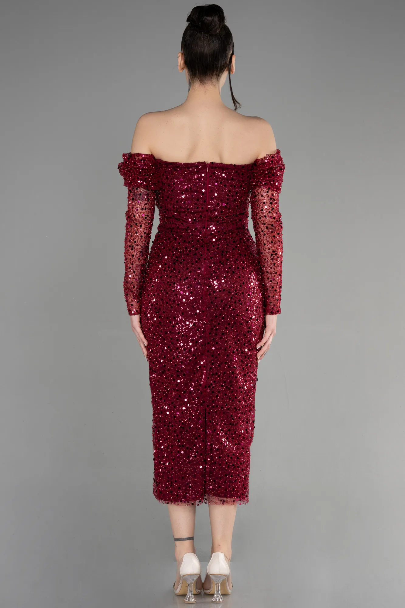 Burgundy-Midi Scaly Party Dress ABK1977