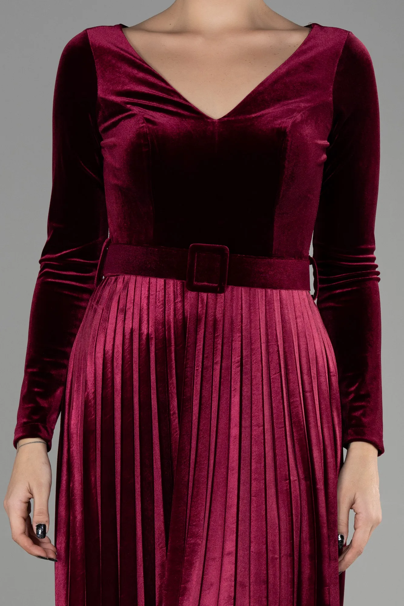 Burgundy-Midi Velvet Invitation Dress ABK1870