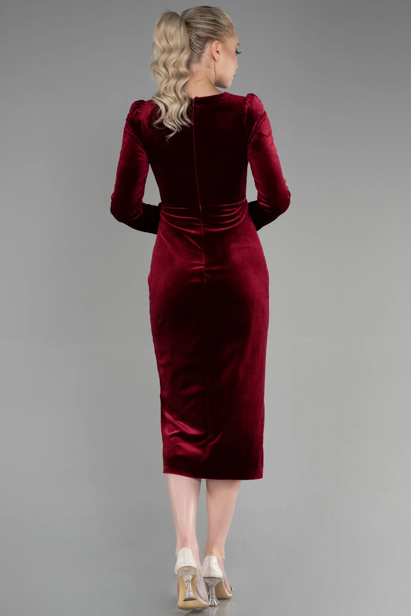 Burgundy-Midi Velvet Invitation Dress ABK1896