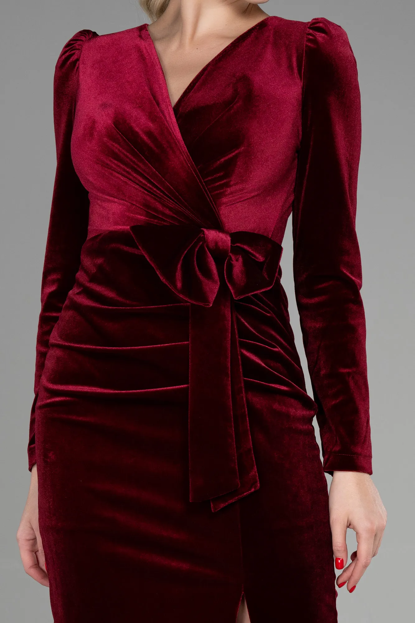 Burgundy-Midi Velvet Invitation Dress ABK1896