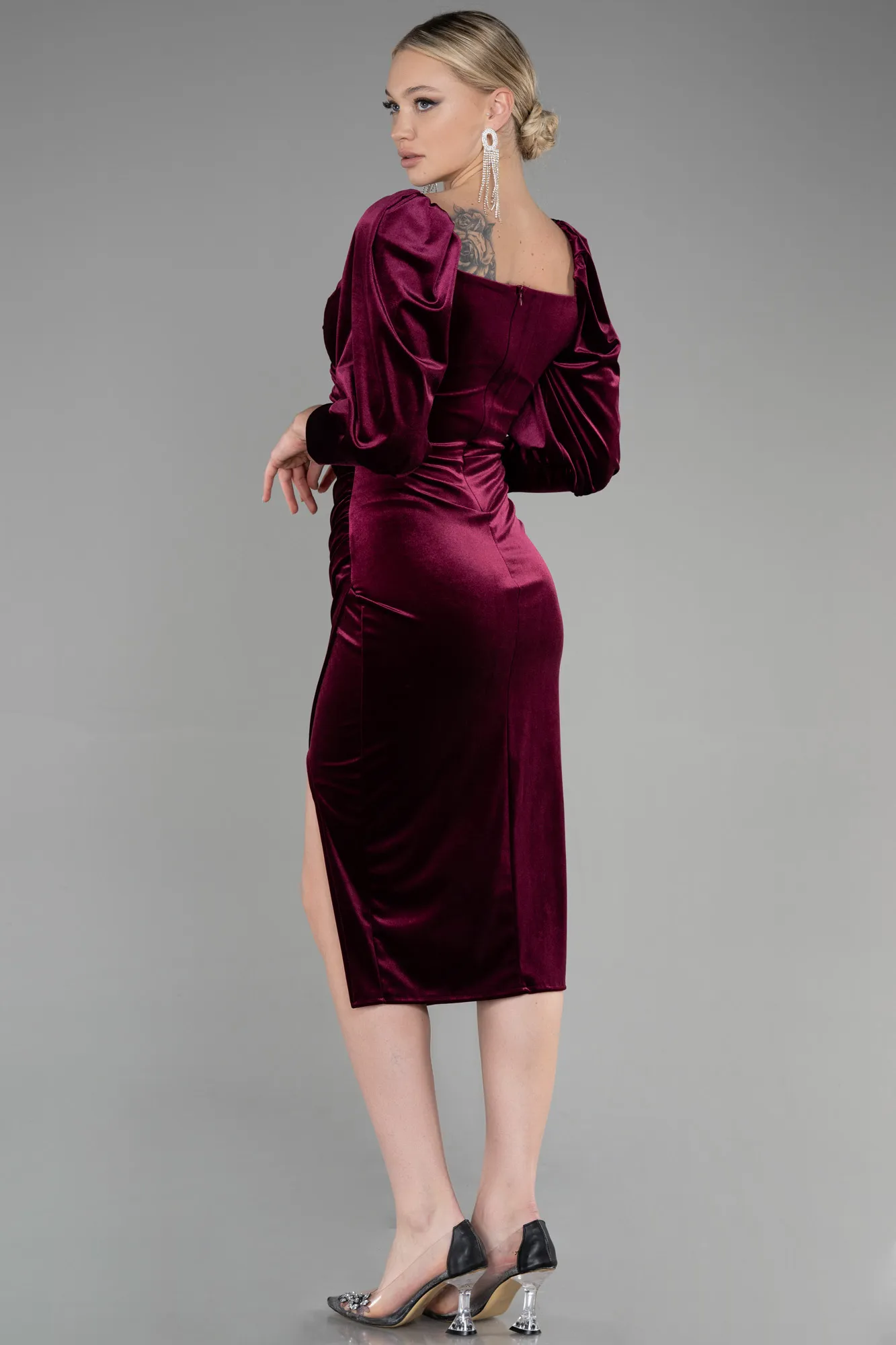 Burgundy-Midi Velvet Invitation Dress ABK1921