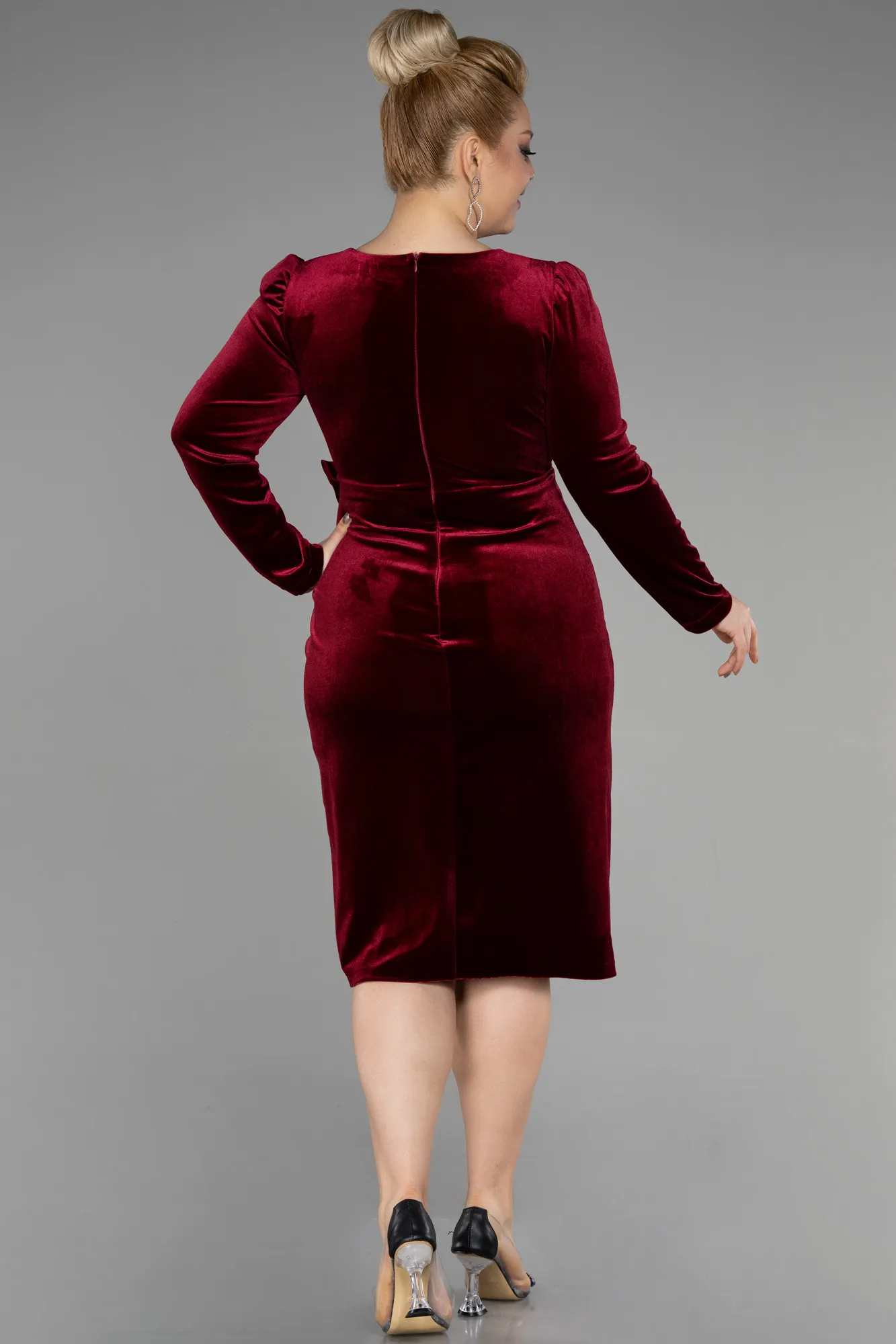 Burgundy-Midi Velvet Plus Size Invitation Dress ABK1931