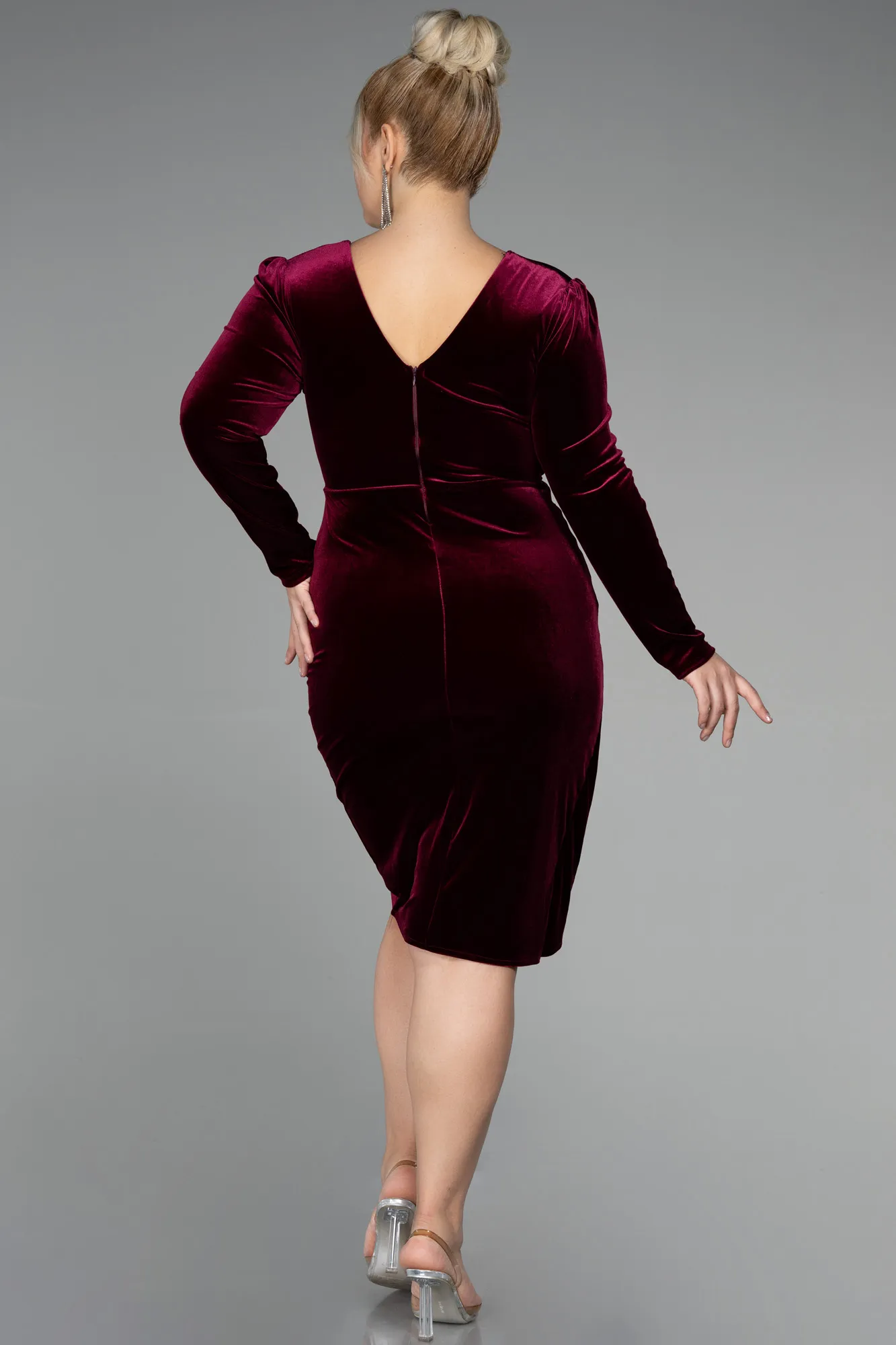 Burgundy-Midi Velvet Velvet Oversized Evening Dress ABK1875