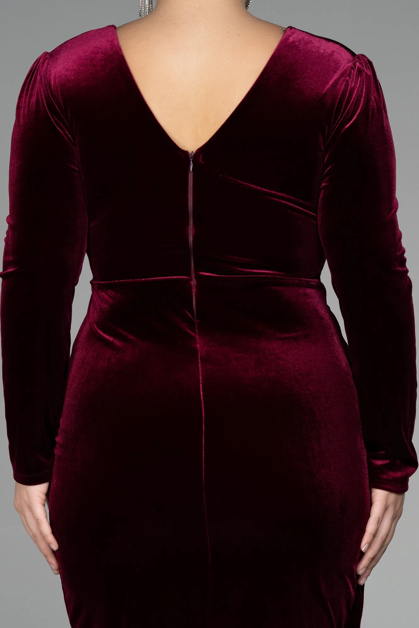 Burgundy-Midi Velvet Velvet Oversized Evening Dress ABK1875