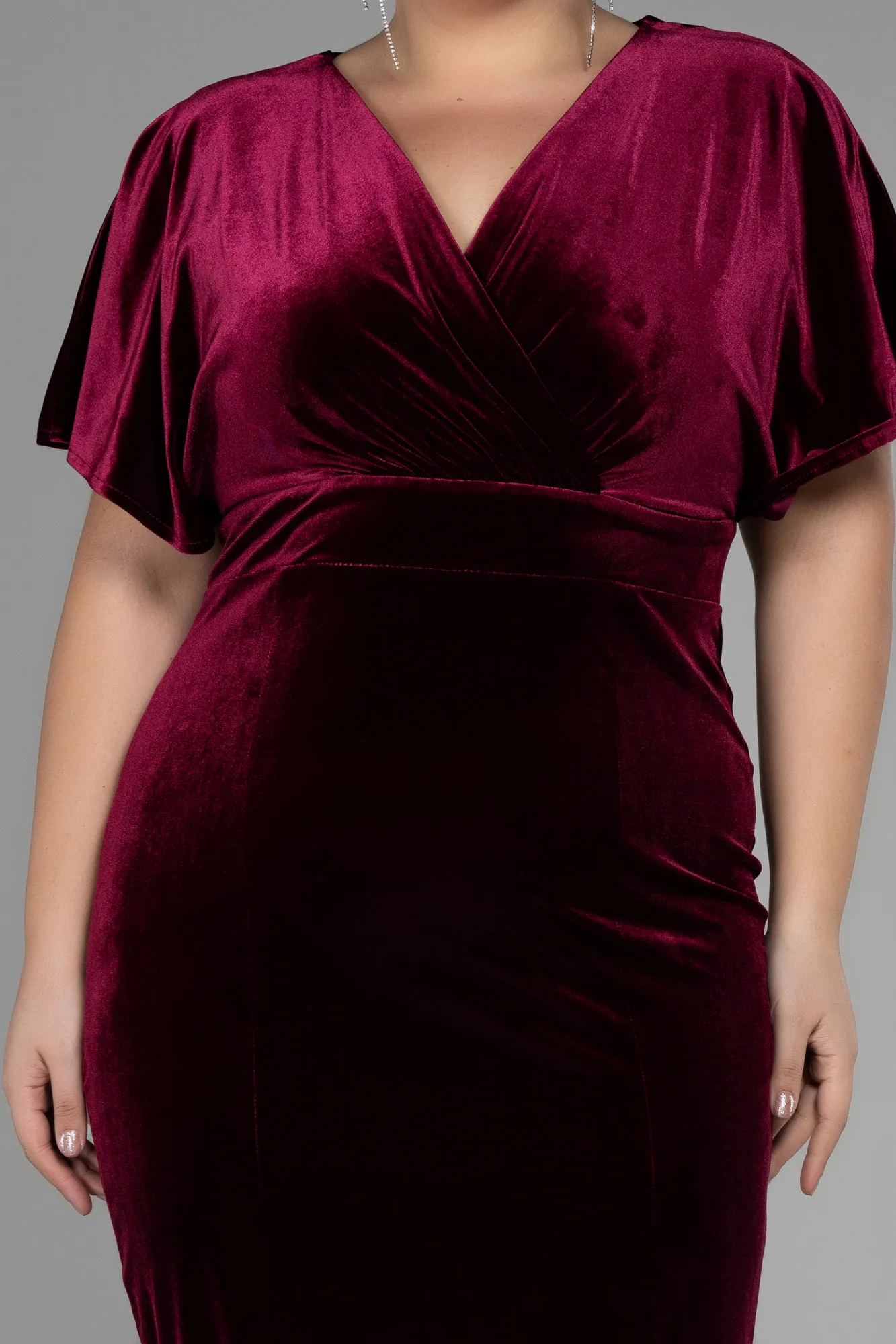 Burgundy-Midi Velvet Velvet Oversized Evening Dress ABK1876