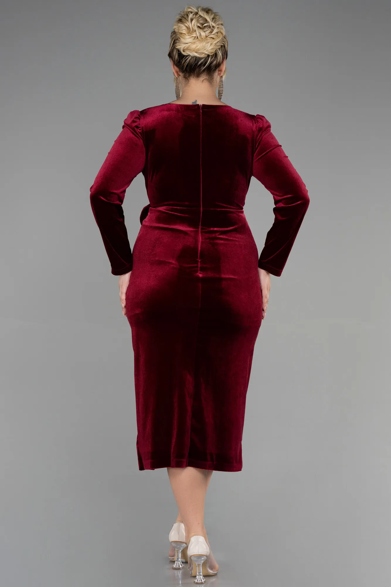 Burgundy-Midi Velvet Velvet Oversized Evening Dress ABK1897