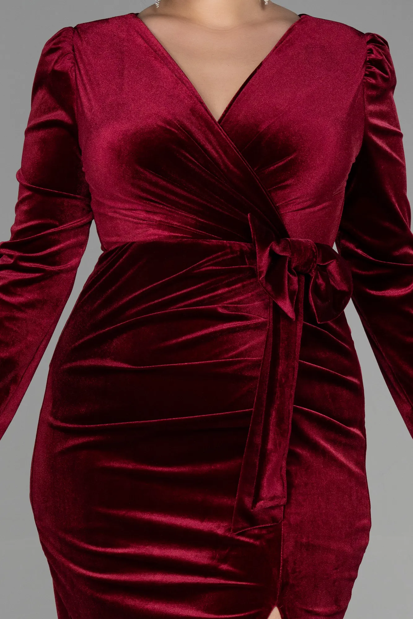 Burgundy-Midi Velvet Velvet Oversized Evening Dress ABK1897