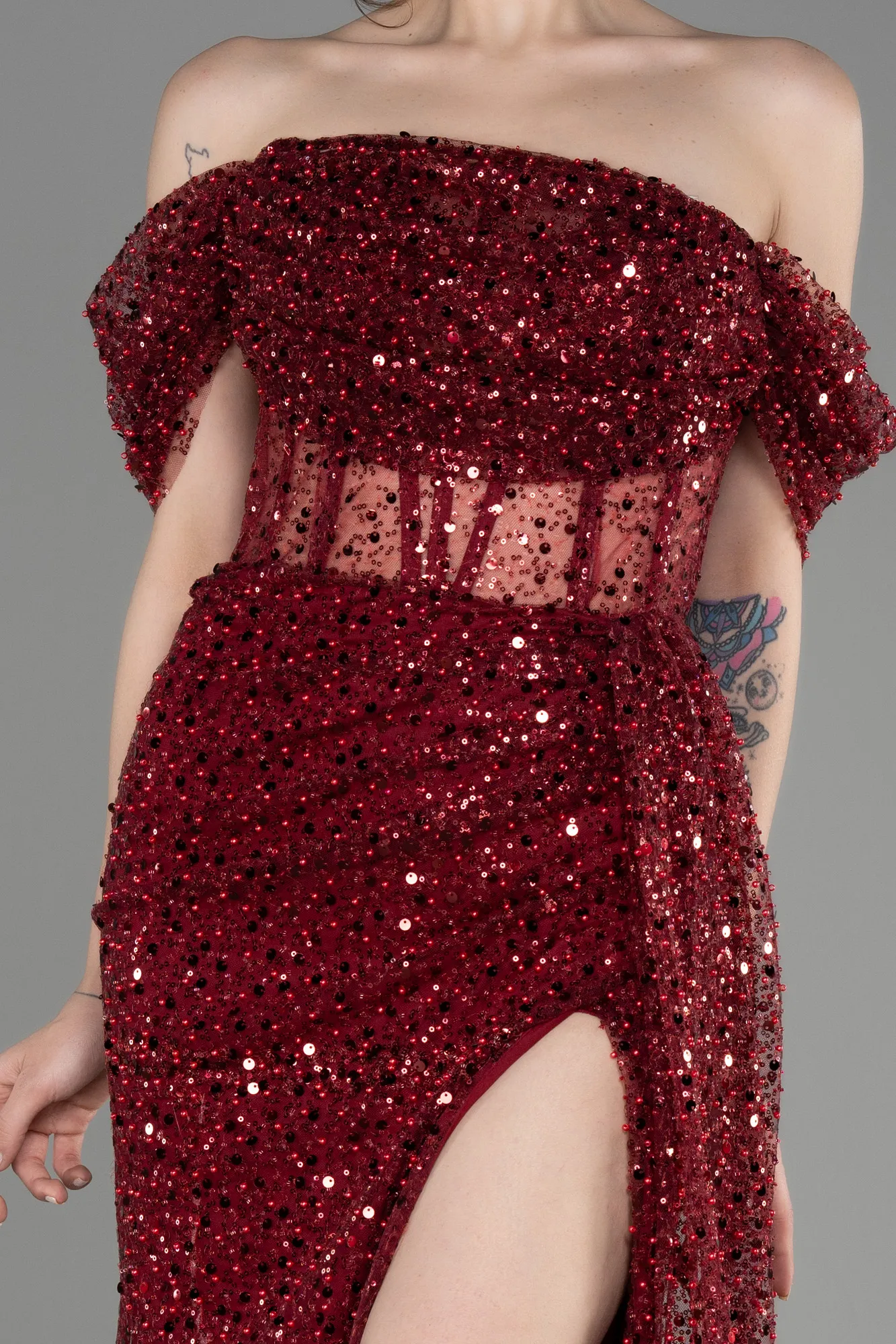 Burgundy-Off-Shoulder Slit Long Scaly Evening Dress ABU3847