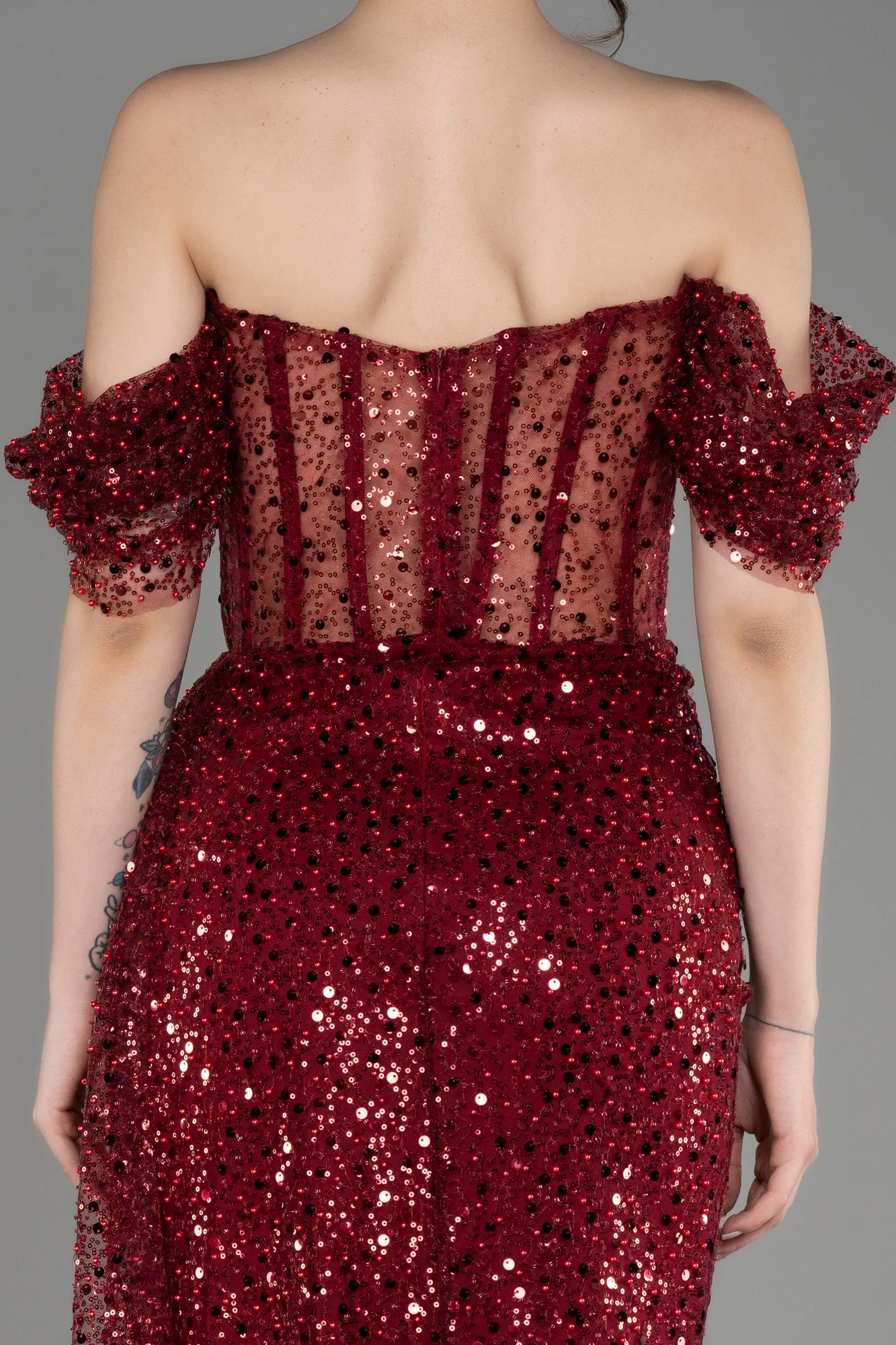 Burgundy-Off-Shoulder Slit Long Scaly Evening Dress ABU3847