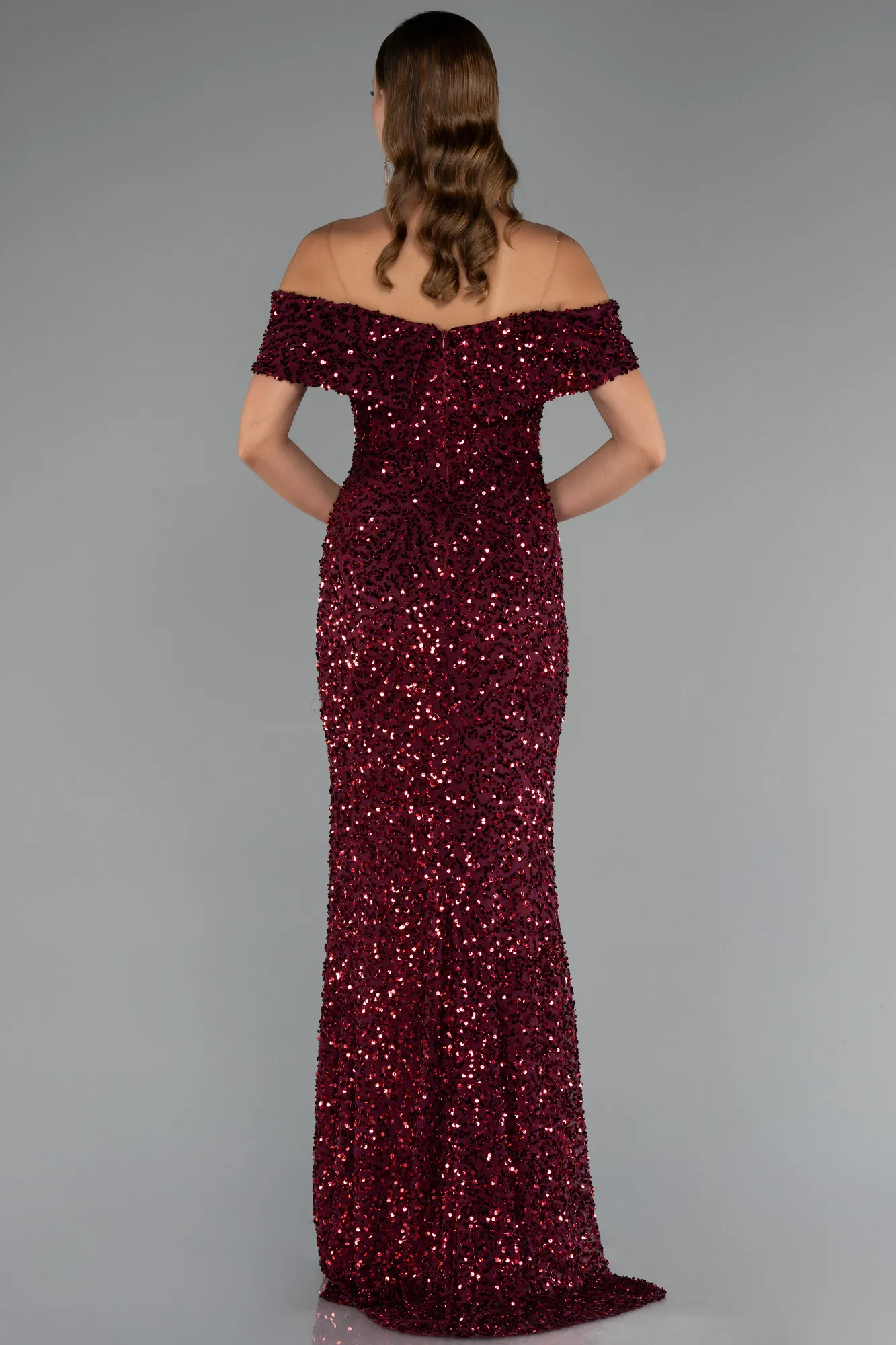 Burgundy-Off The Shoulder Long Sequin Mermaid Prom Dress ABU4778