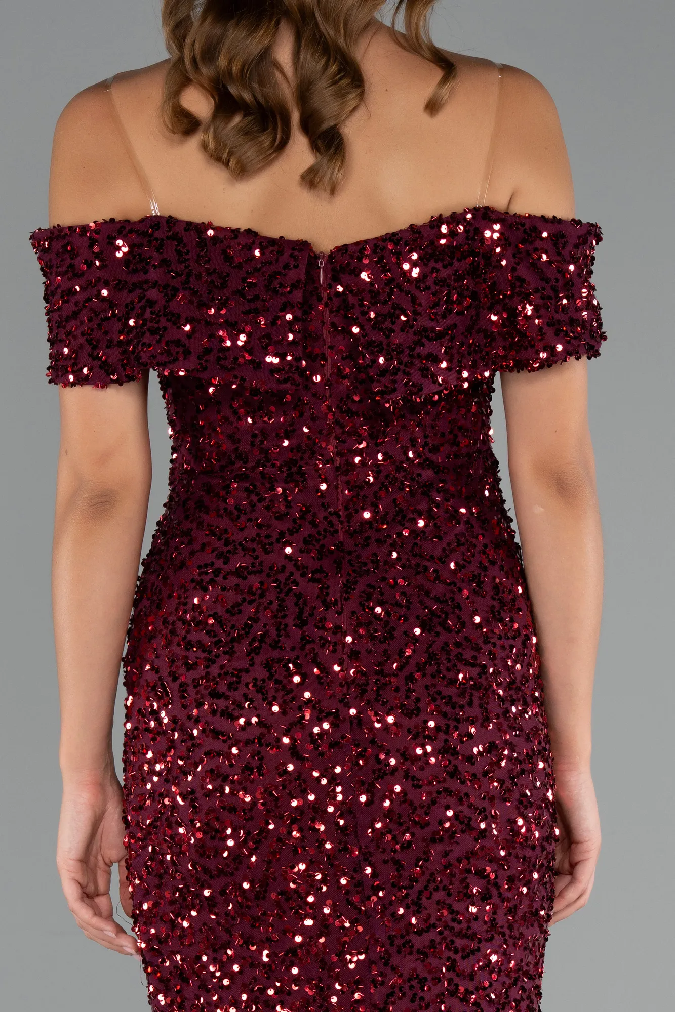 Burgundy-Off The Shoulder Long Sequin Mermaid Prom Dress ABU4778
