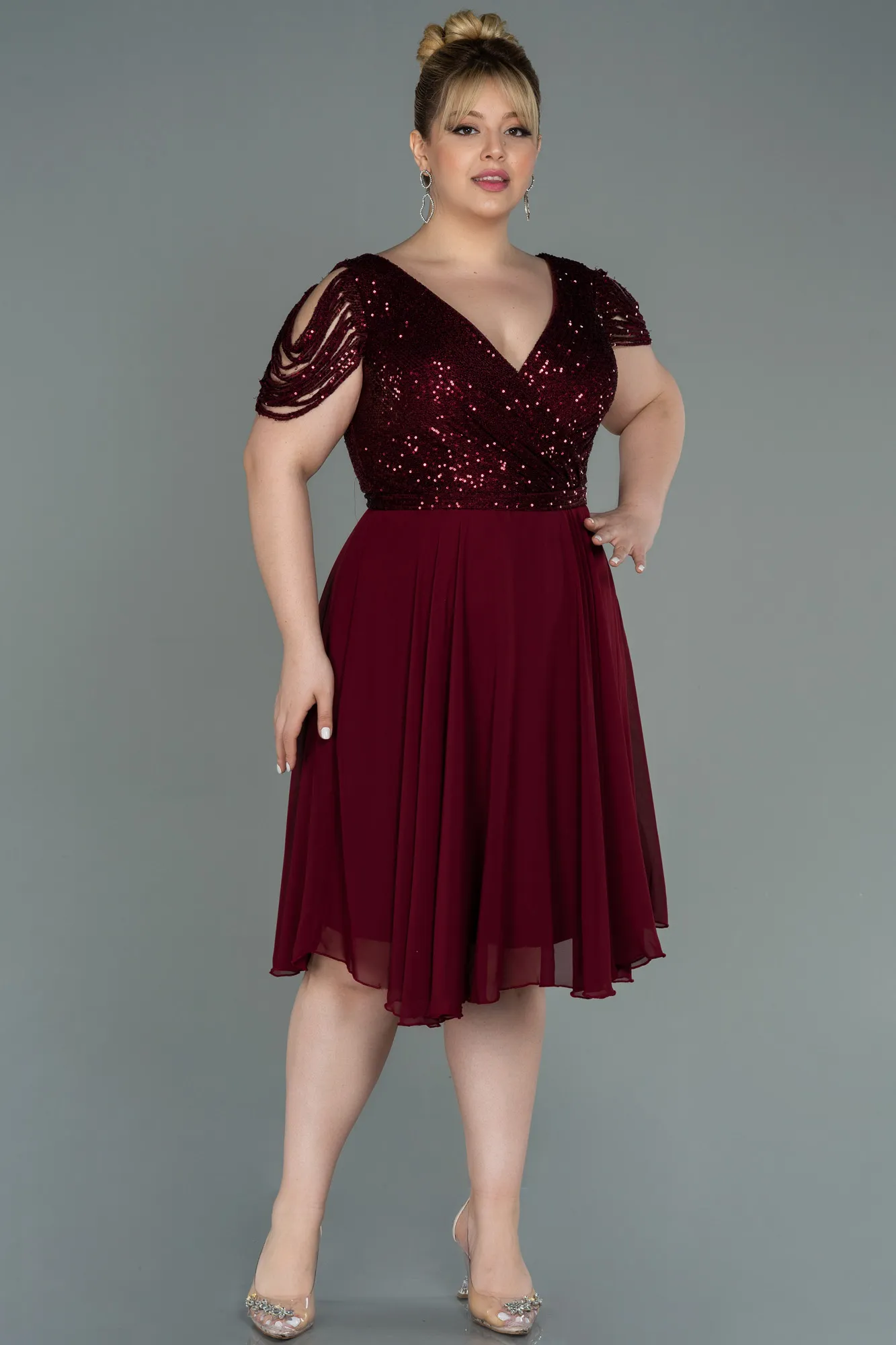 Burgundy-Short Chiffon Plus Size Evening Dress ABK1376
