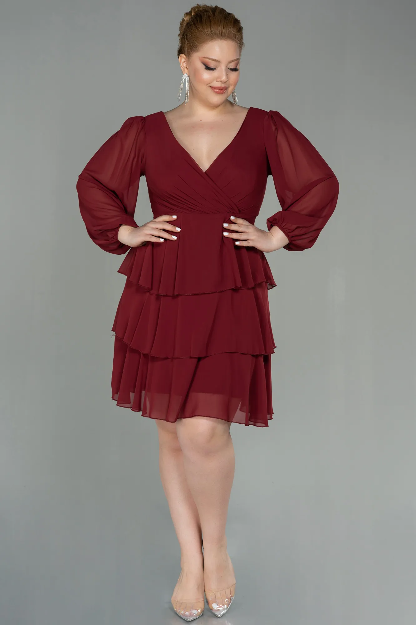 Burgundy-Short Chiffon Plus Size Evening Dress ABK1617