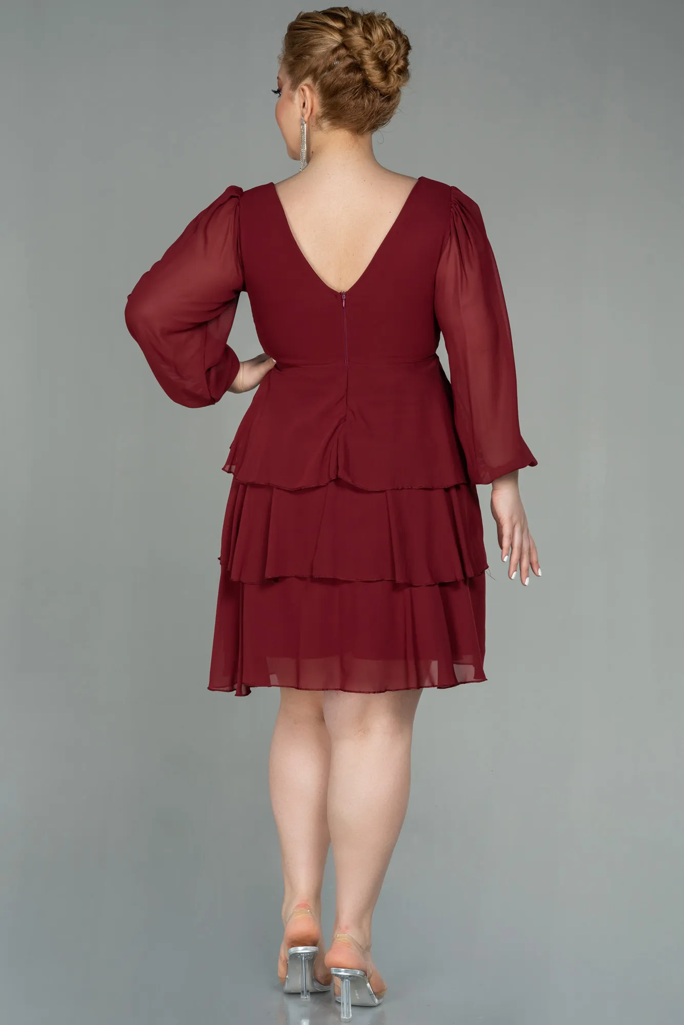 Burgundy-Short Chiffon Plus Size Evening Dress ABK1617