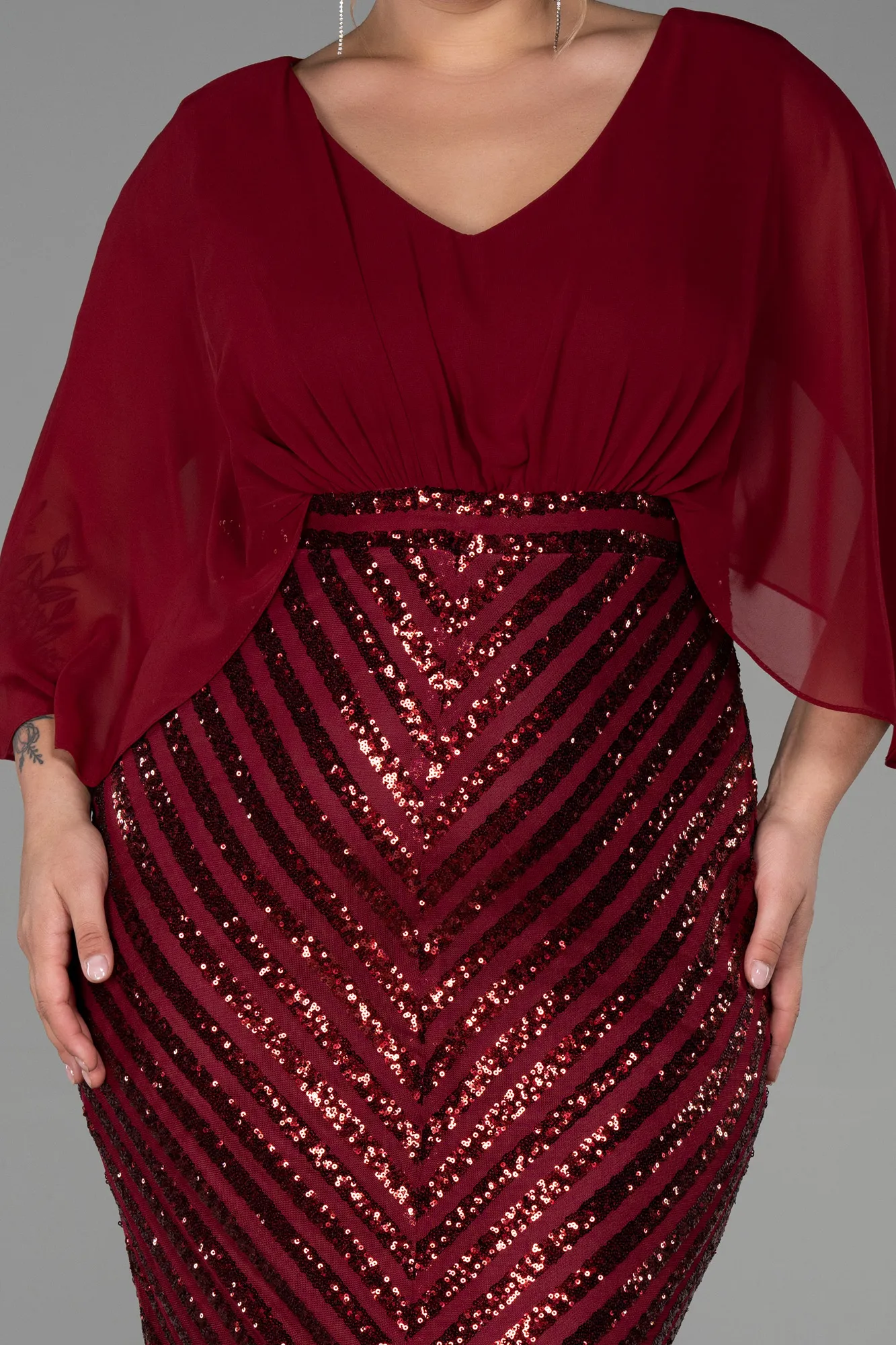 Burgundy-Short Chiffon Plus Size Evening Dress ABK1852