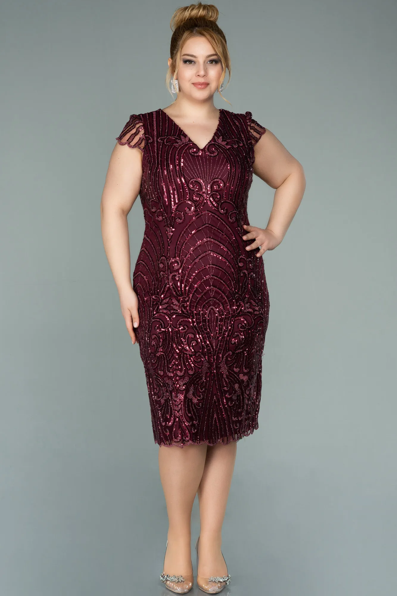 Burgundy-Short Laced Oversized Evening Dress ABK1283