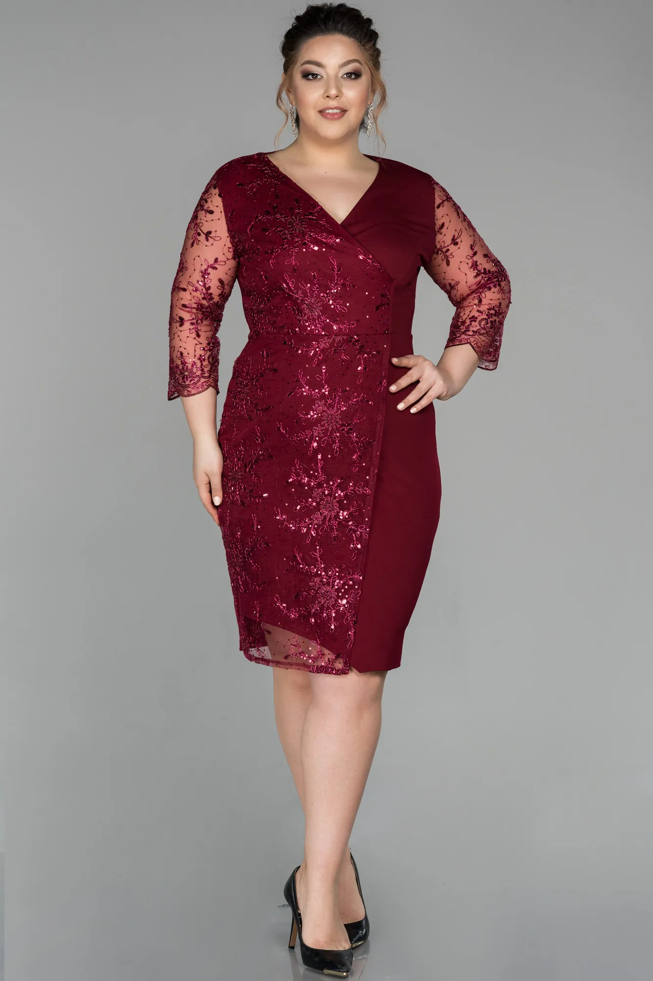 Burgundy-Short Oversized Evening Dress ABK833