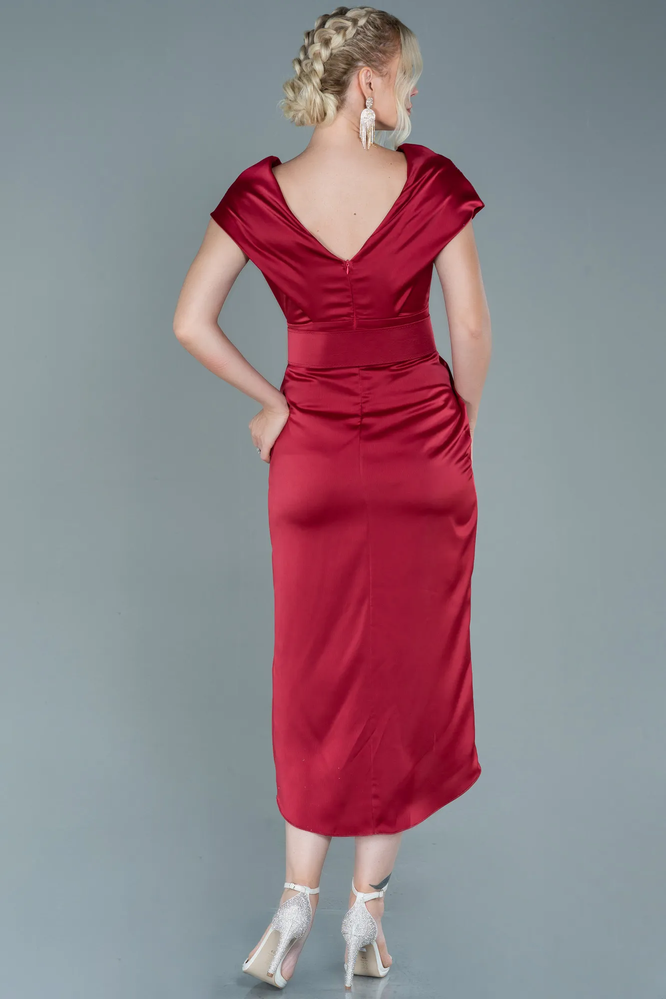 Burgundy-Short Satin Invitation Dress ABK1107
