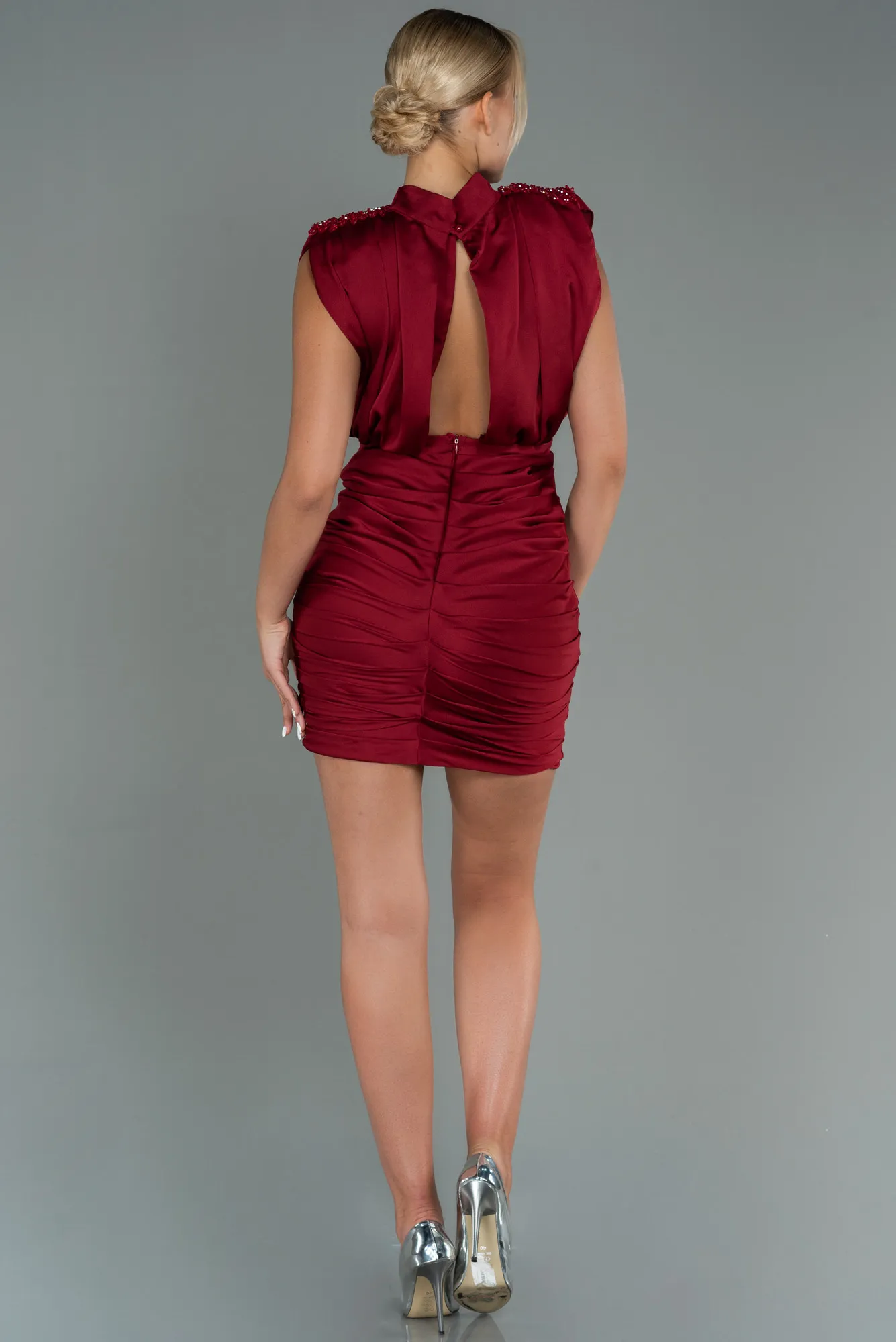 Burgundy-Short Satin Invitation Dress ABK1742