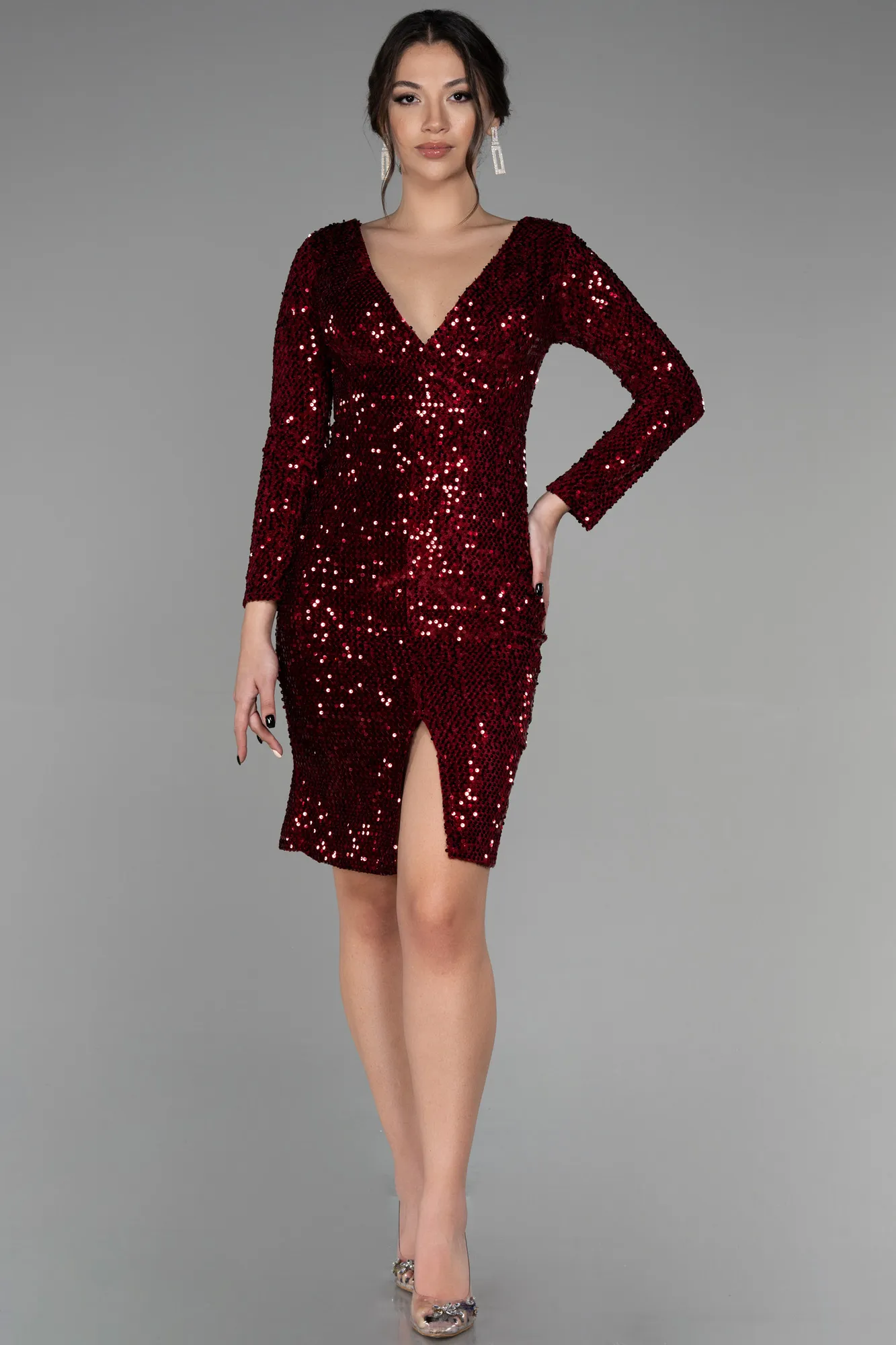 Burgundy-Short Sequined Velvet Invitation Dress ABK1158