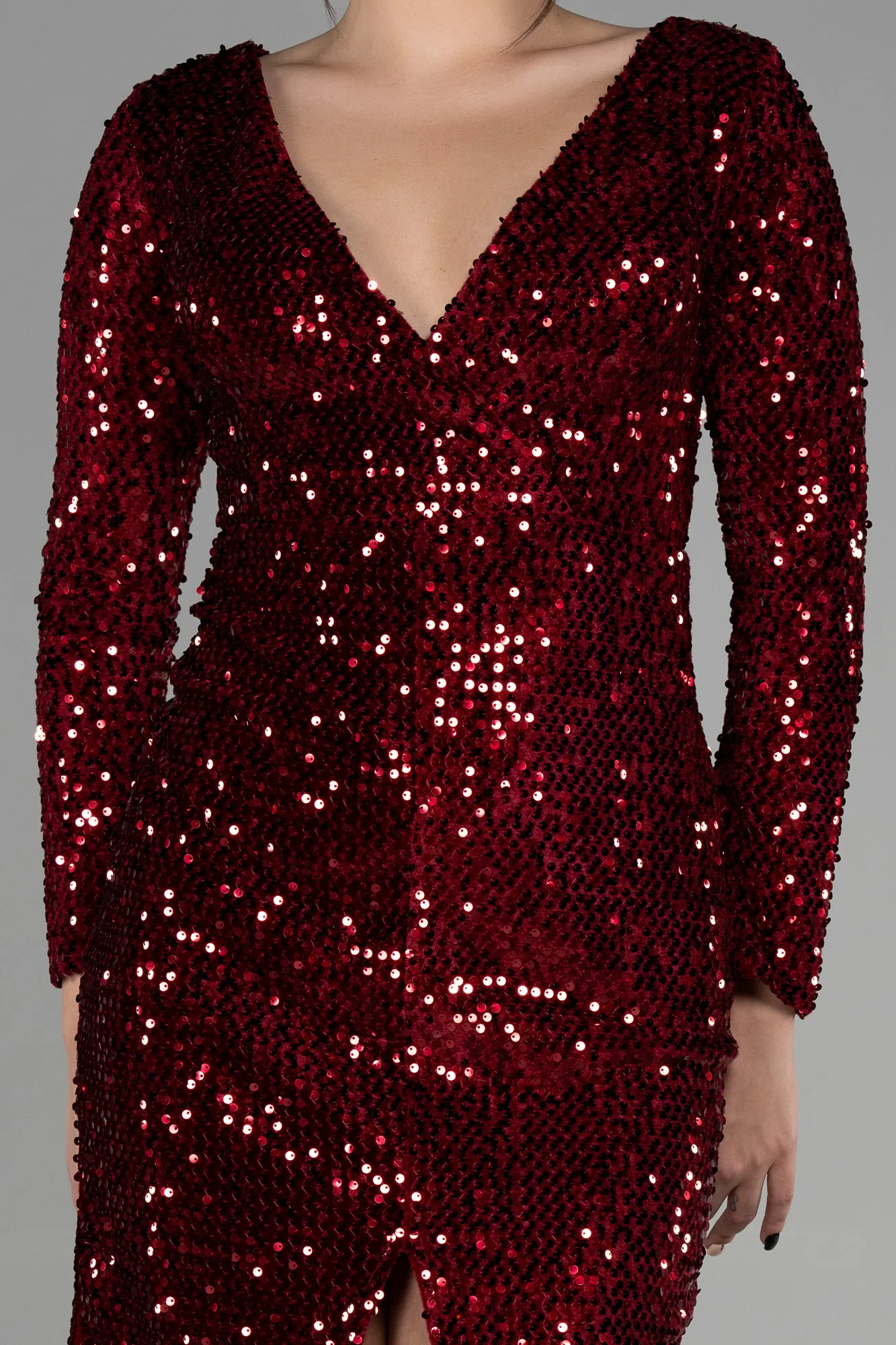 Burgundy-Short Sequined Velvet Invitation Dress ABK1158