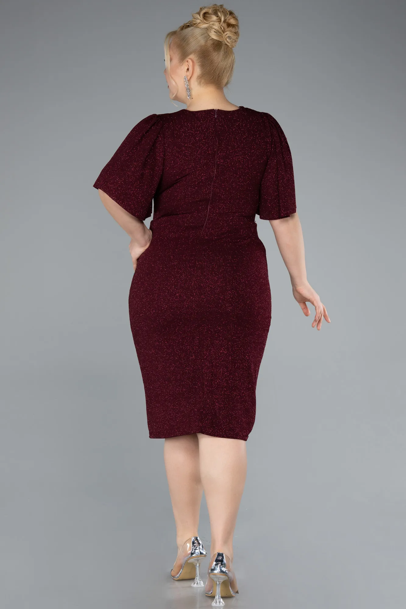 Burgundy-Short Sleeve Glitter Midi Plus Size Cocktail Dress ABK2115
