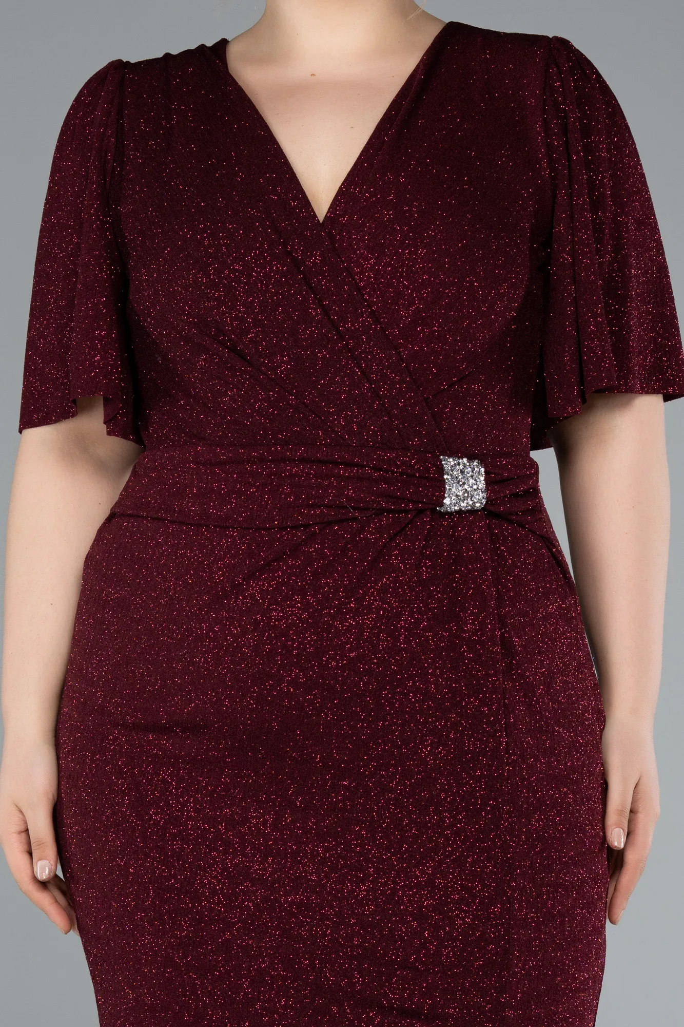 Burgundy-Short Sleeve Glitter Midi Plus Size Cocktail Dress ABK2115