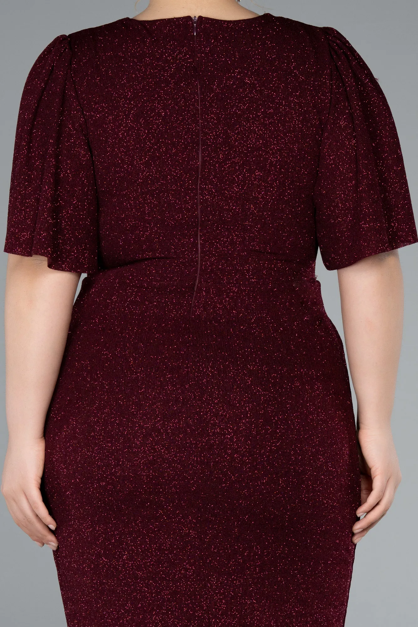 Burgundy-Short Sleeve Glitter Midi Plus Size Cocktail Dress ABK2115