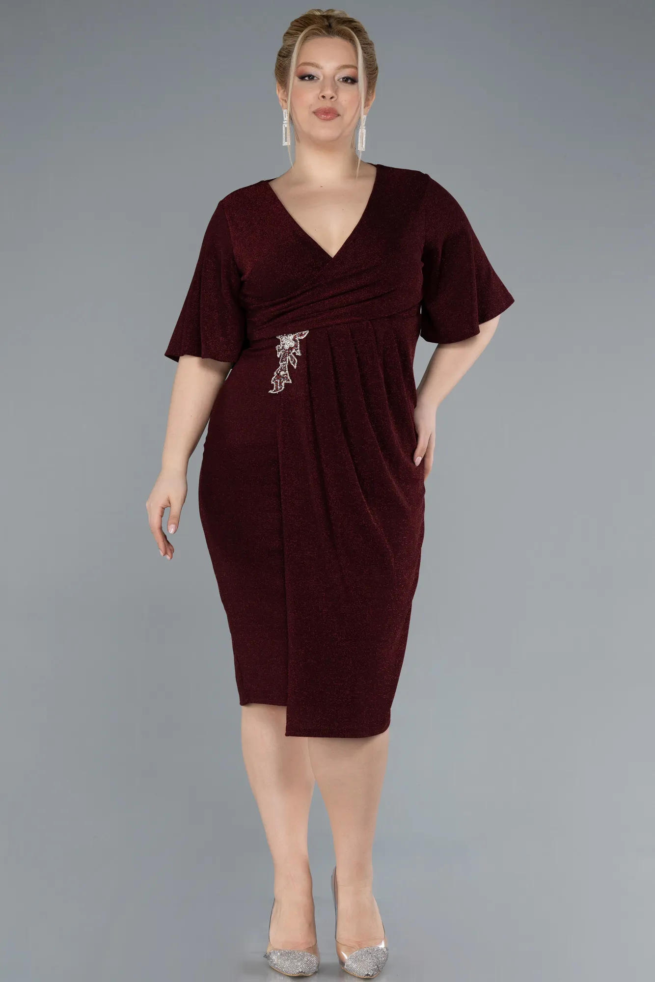 Burgundy-Short Sleeve Midi Glittery Plus Size Invitation Dress ABK2224