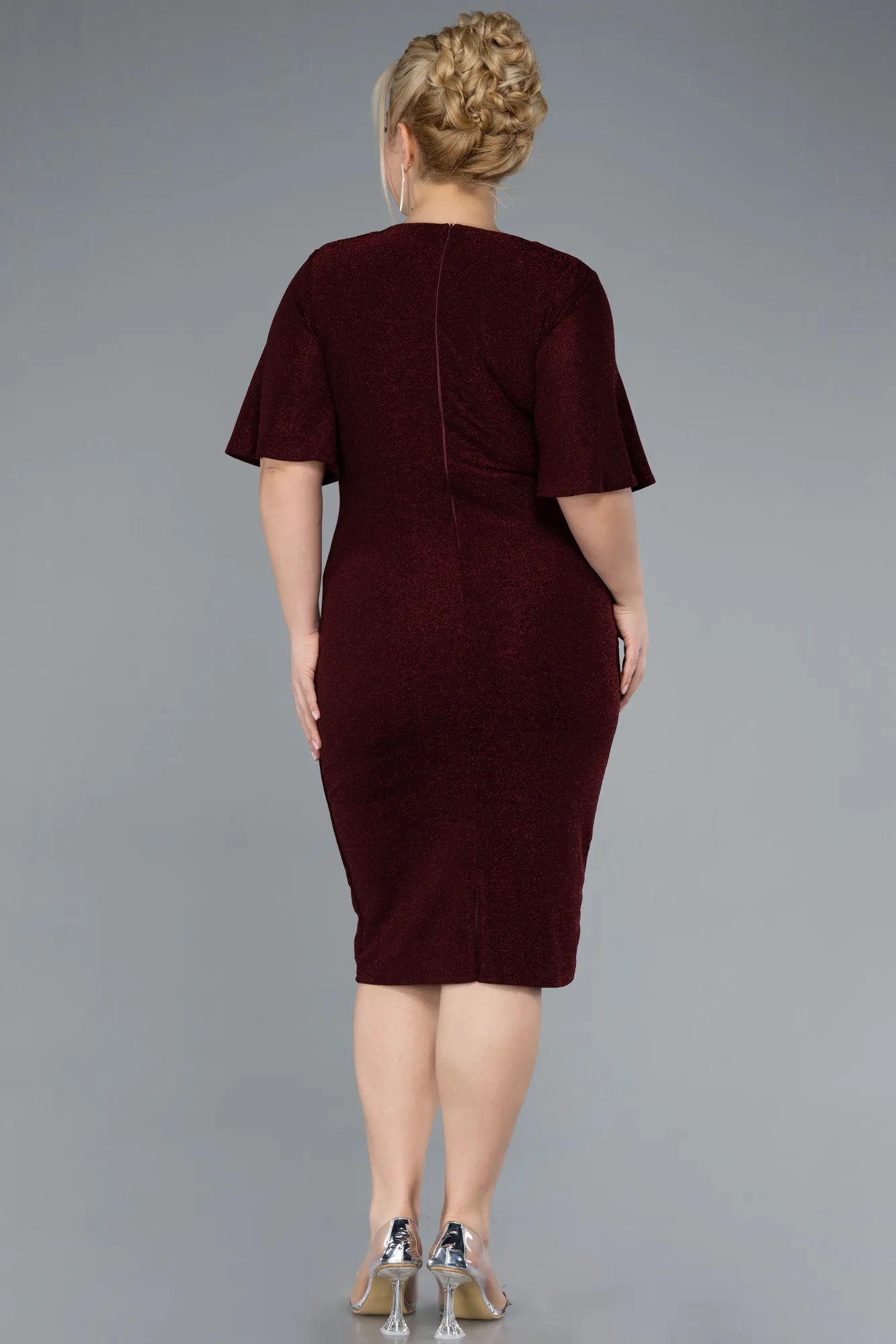 Burgundy-Short Sleeve Midi Glittery Plus Size Invitation Dress ABK2224