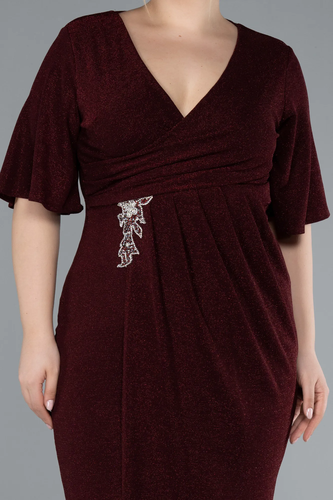 Burgundy-Short Sleeve Midi Glittery Plus Size Invitation Dress ABK2224