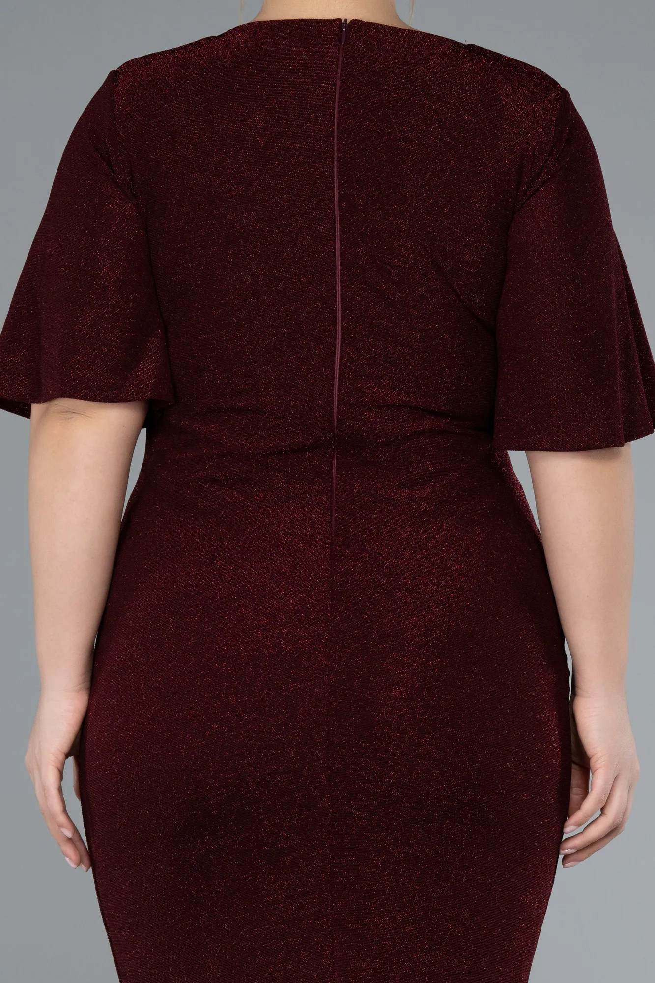 Burgundy-Short Sleeve Midi Glittery Plus Size Invitation Dress ABK2224