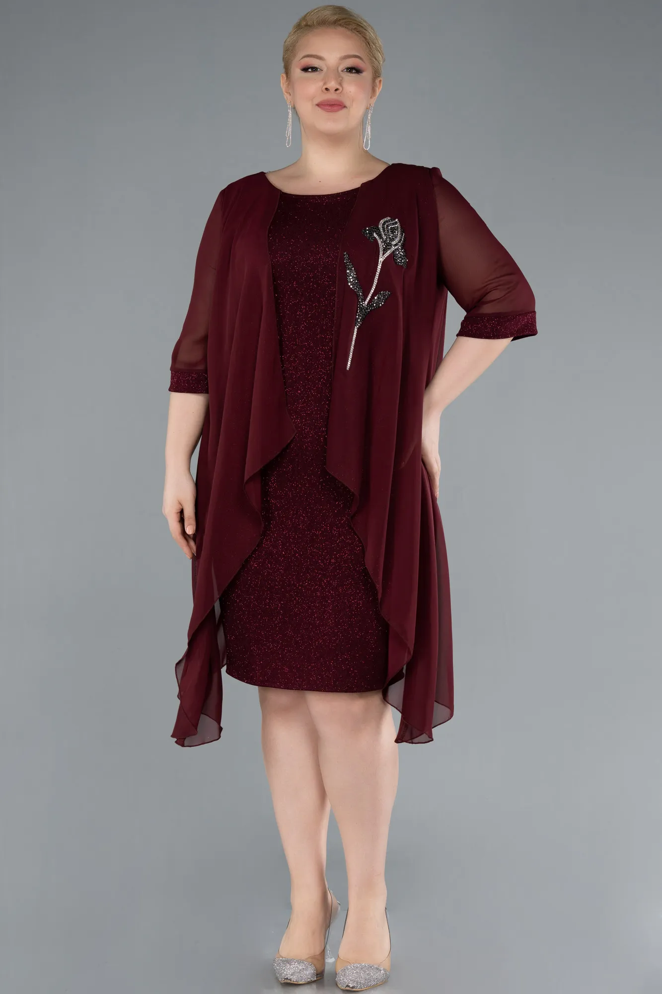 Burgundy-Short Sleeve Midi Plus Size Evening Dress ABK2302
