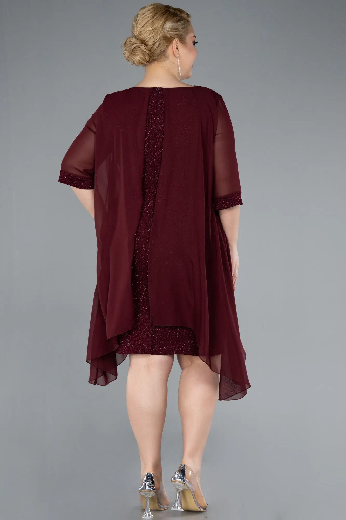 Burgundy-Short Sleeve Midi Plus Size Evening Dress ABK2302
