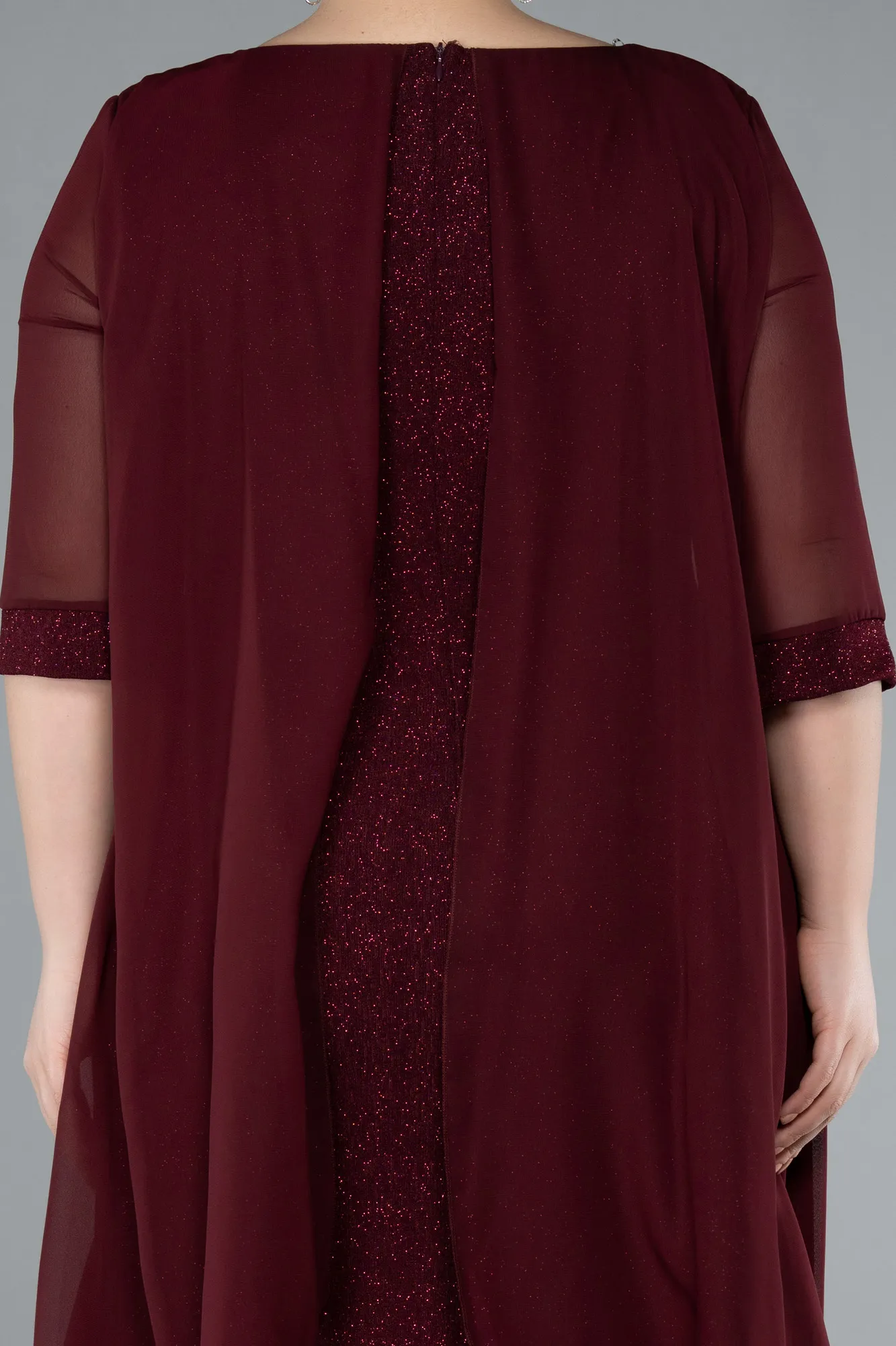 Burgundy-Short Sleeve Midi Plus Size Evening Dress ABK2302