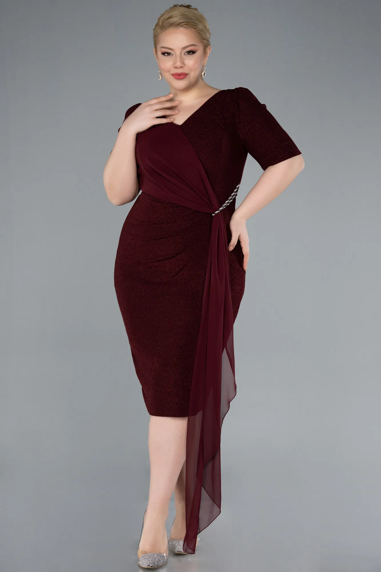 Burgundy-Short Sleeve Midi Plus Size Evening Dress ABK2303