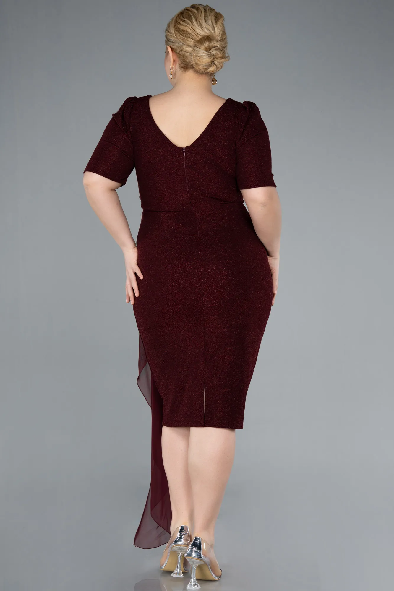 Burgundy-Short Sleeve Midi Plus Size Evening Dress ABK2303