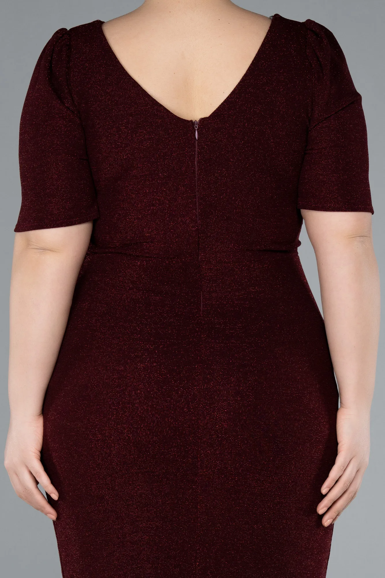 Burgundy-Short Sleeve Midi Plus Size Evening Dress ABK2303